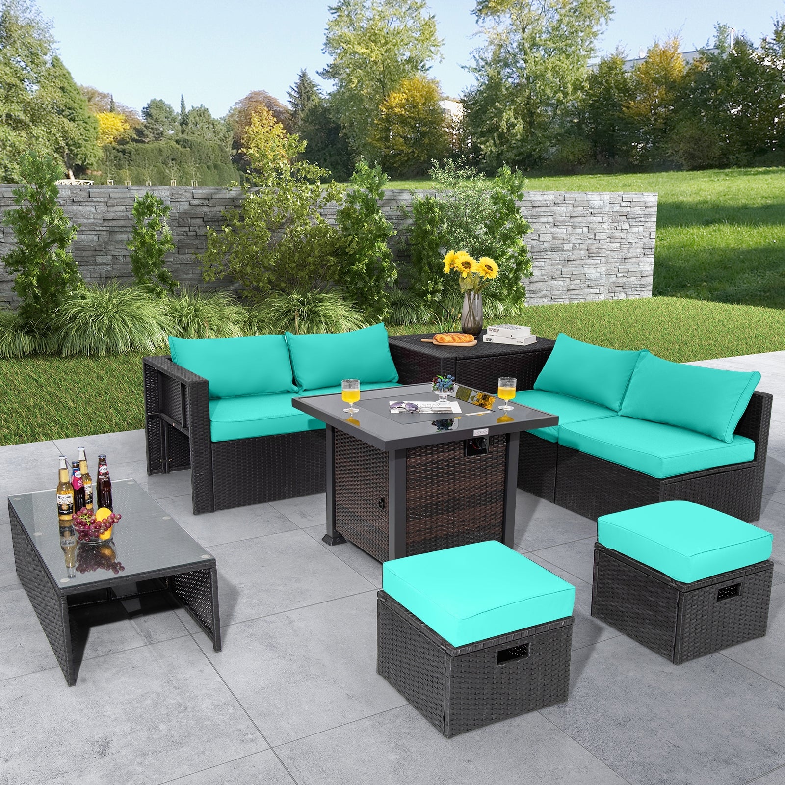 9 Piece Patio Set, 32” Fire Pit Table, 50000 BTU Square Propane, Turquoise - Image 2
