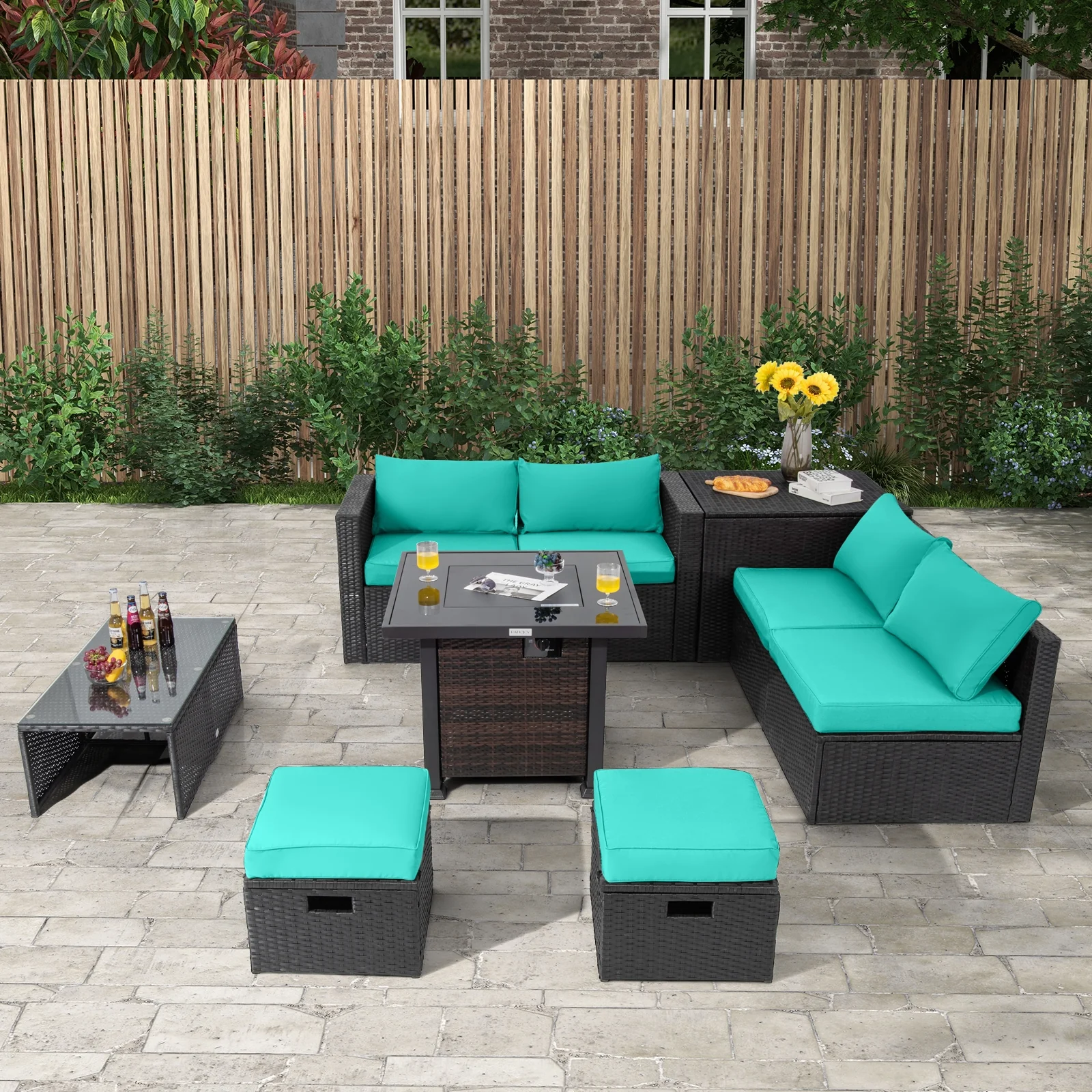 9 Piece Patio Set, 32” Fire Pit Table, 50000 BTU Square Propane, Turquoise - Image 3