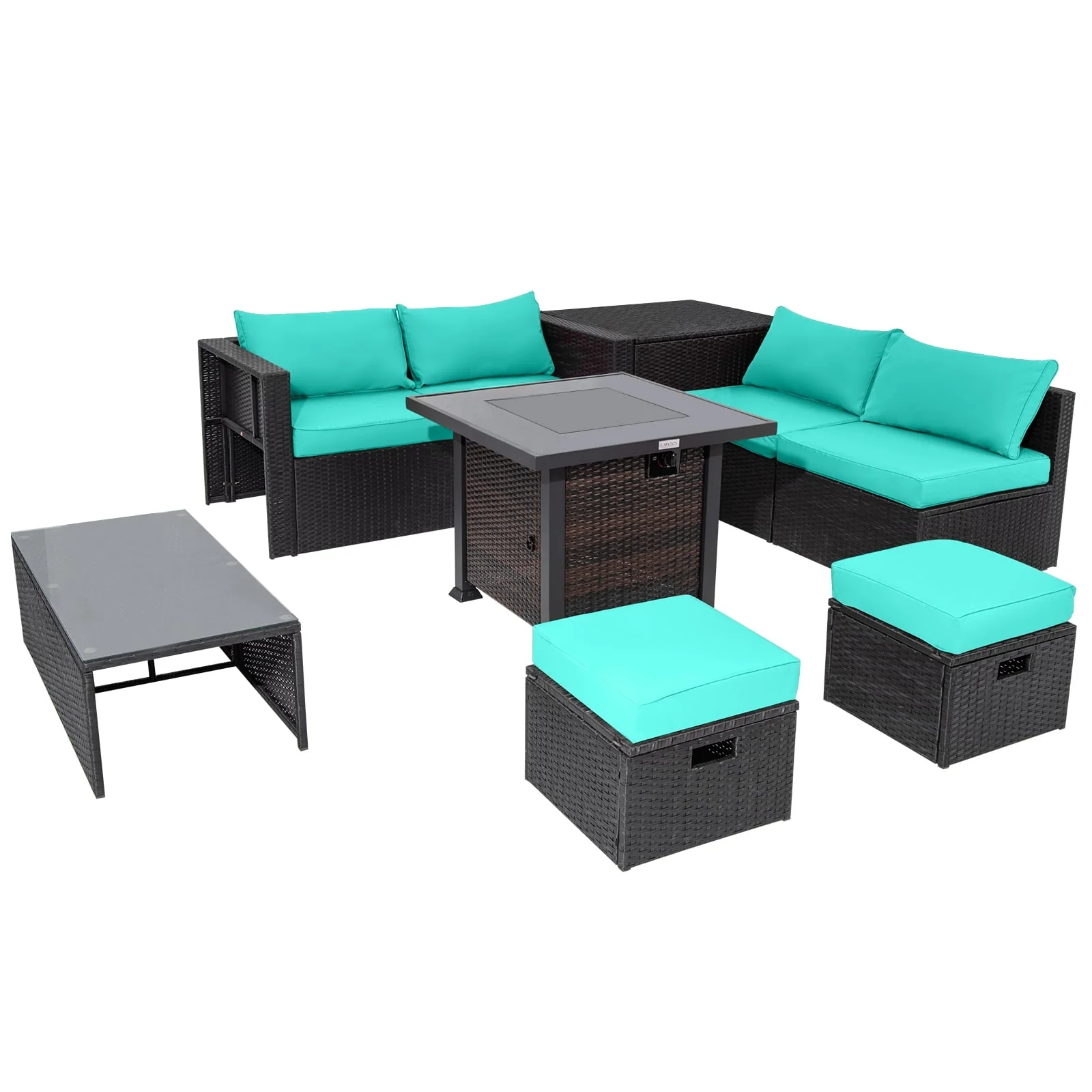 9 Piece Patio Set, 32” Fire Pit Table, 50000 BTU Square Propane, Turquoise - Image 4