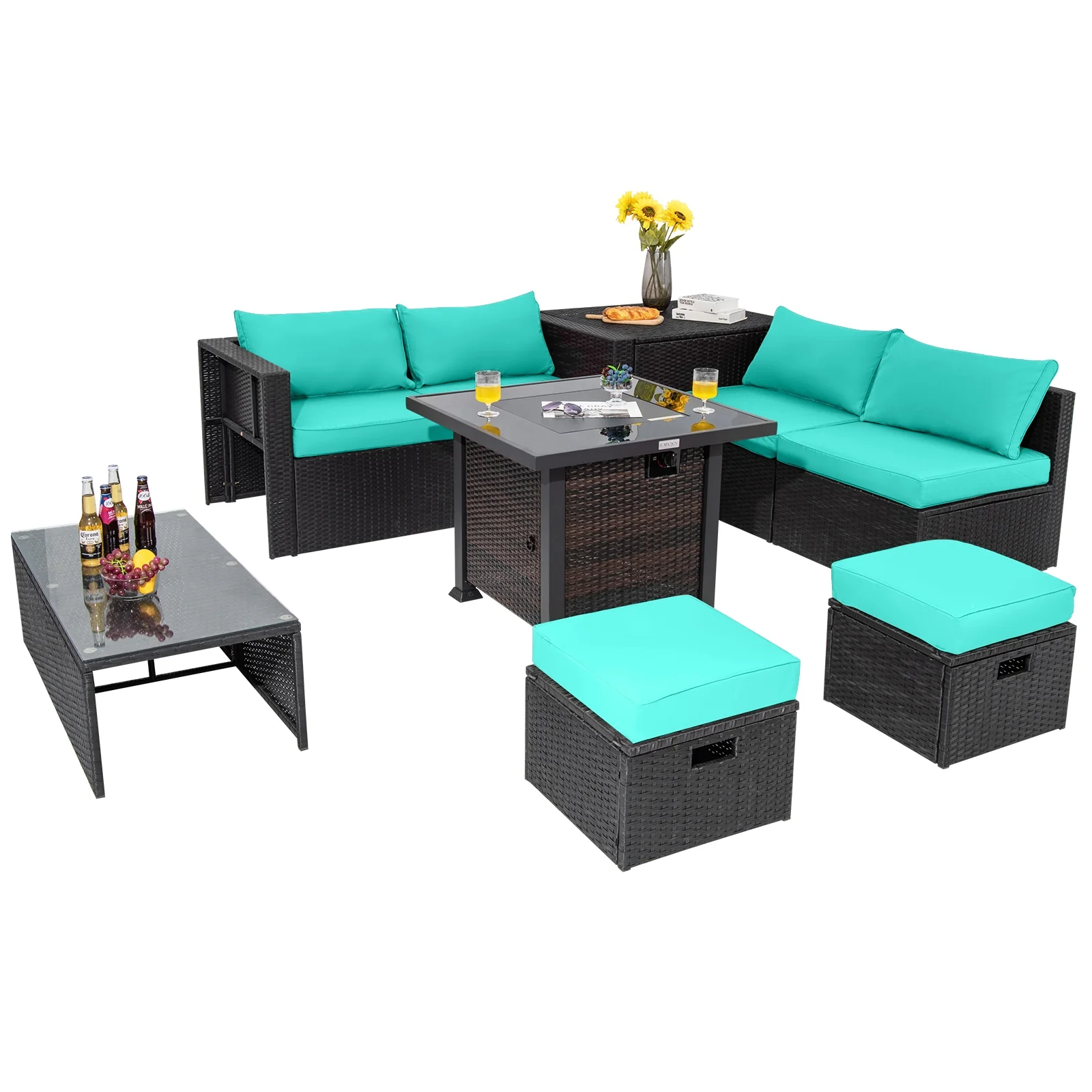 9 Piece Patio Set, 32” Fire Pit Table, 50000 BTU Square Propane, Turquoise - Image 5