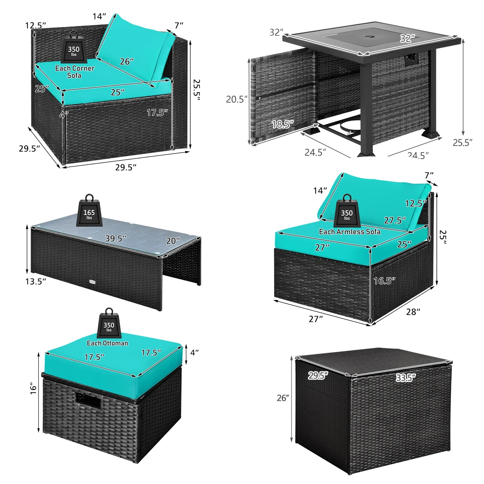 9 Piece Patio Set, 32” Fire Pit Table, 50000 BTU Square Propane, Turquoise - Image 6