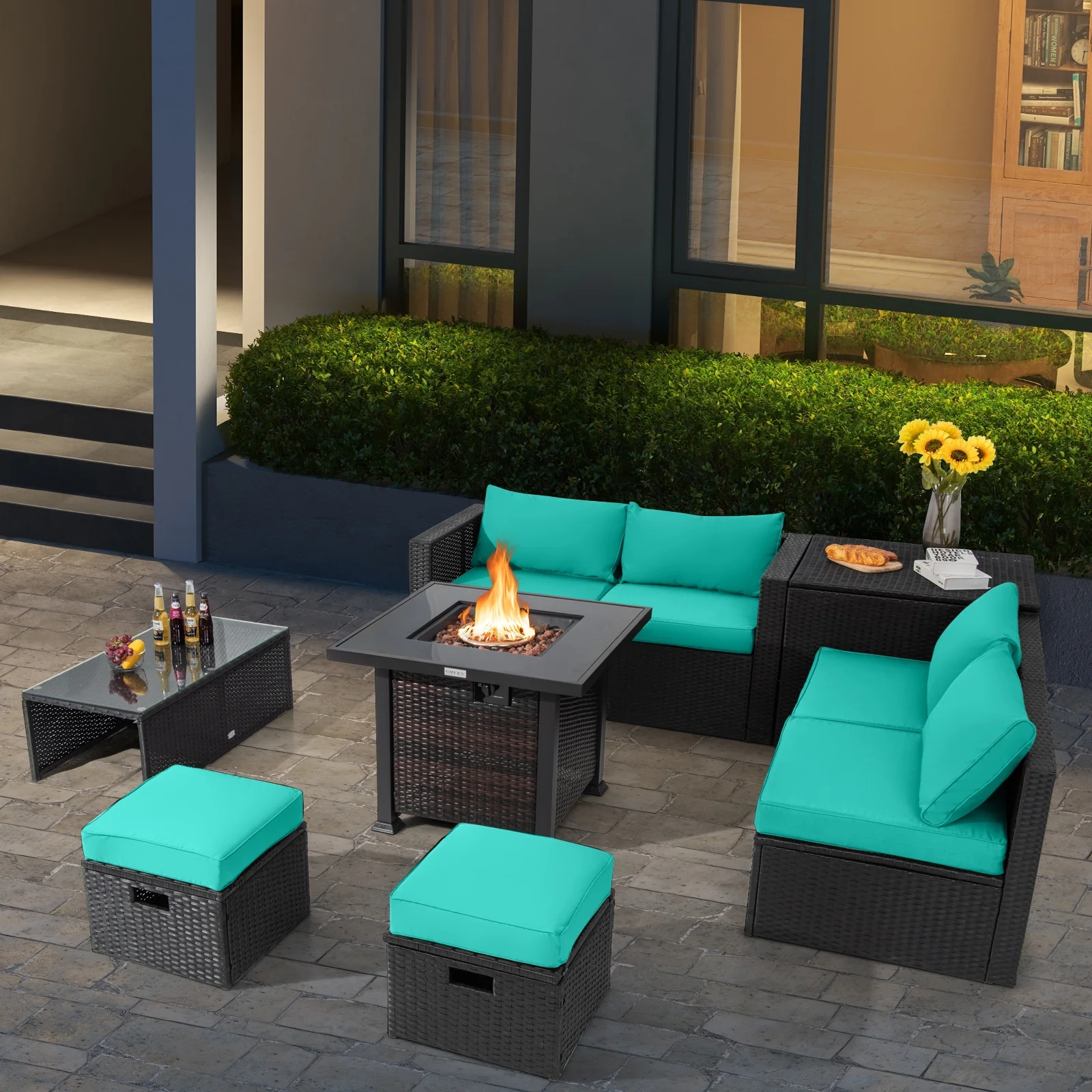 9 Piece Patio Set, 32” Fire Pit Table, 50000 BTU Square Propane, Turquoise - Image 8