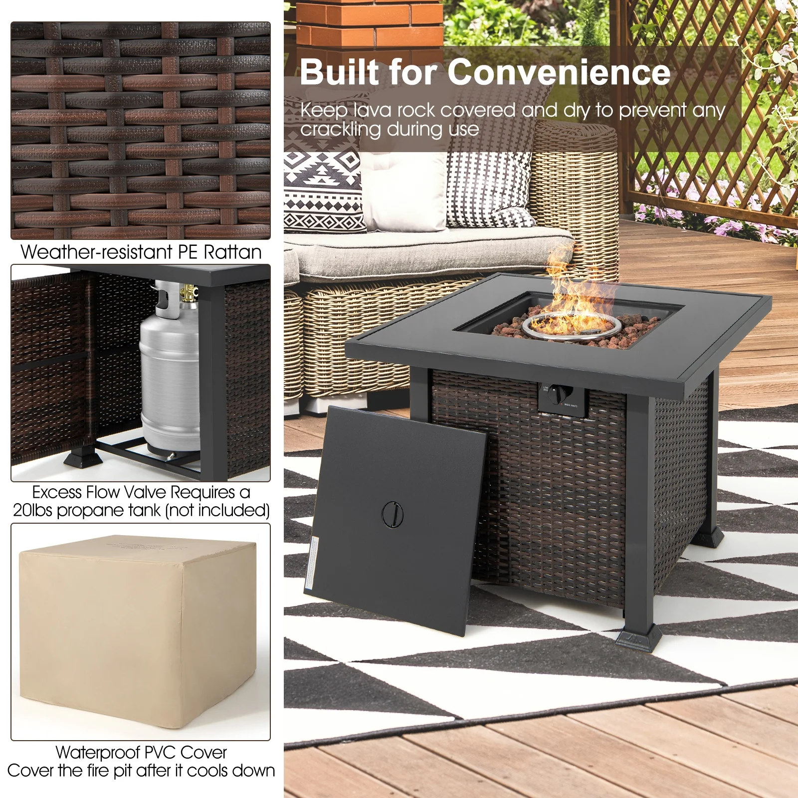 9 Piece Patio Set, 32” Fire Pit Table, 50000 BTU Square Propane, Turquoise - Image 9