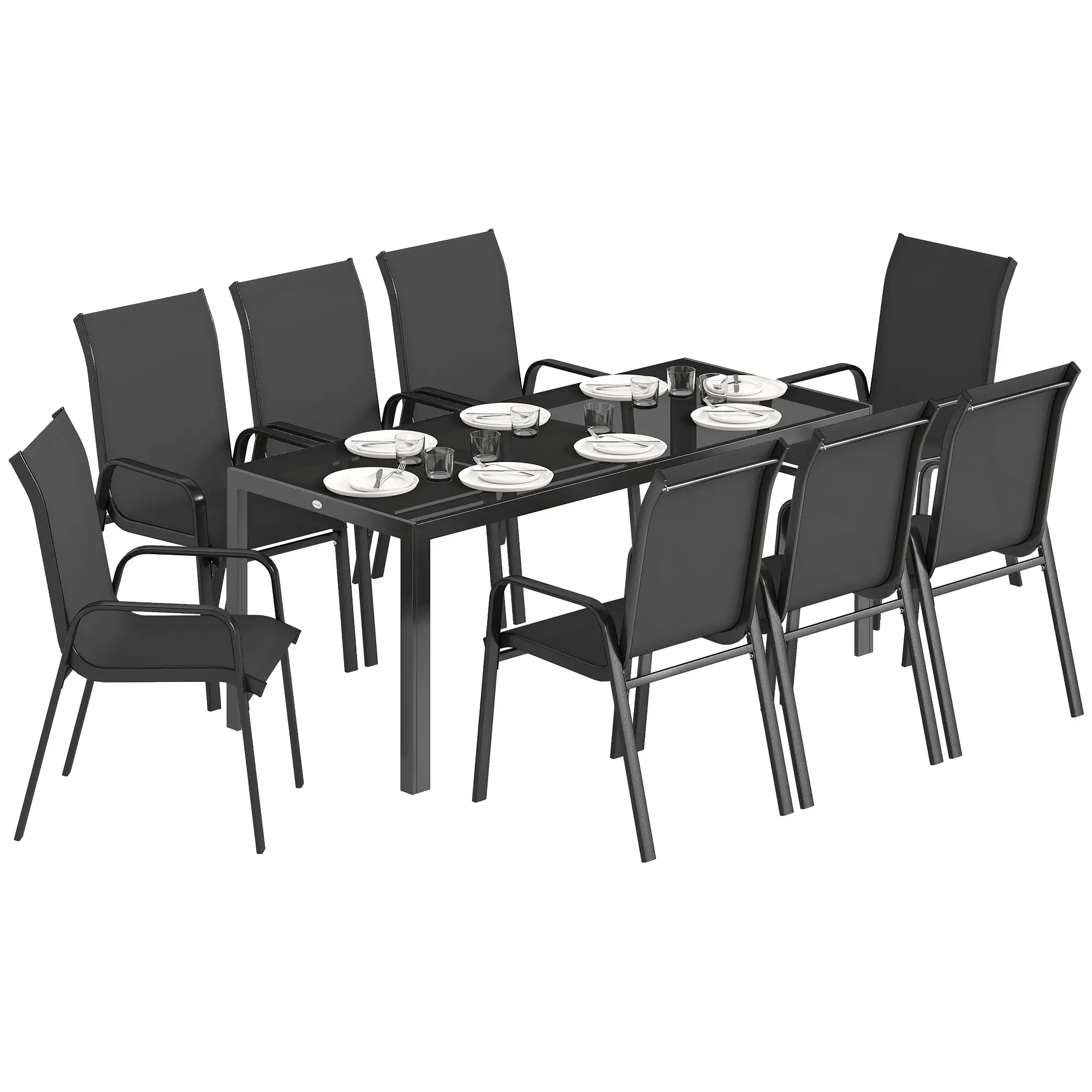 9 Piece Patio Set, Stackable Chairs, Glass Top, Black - Image 11