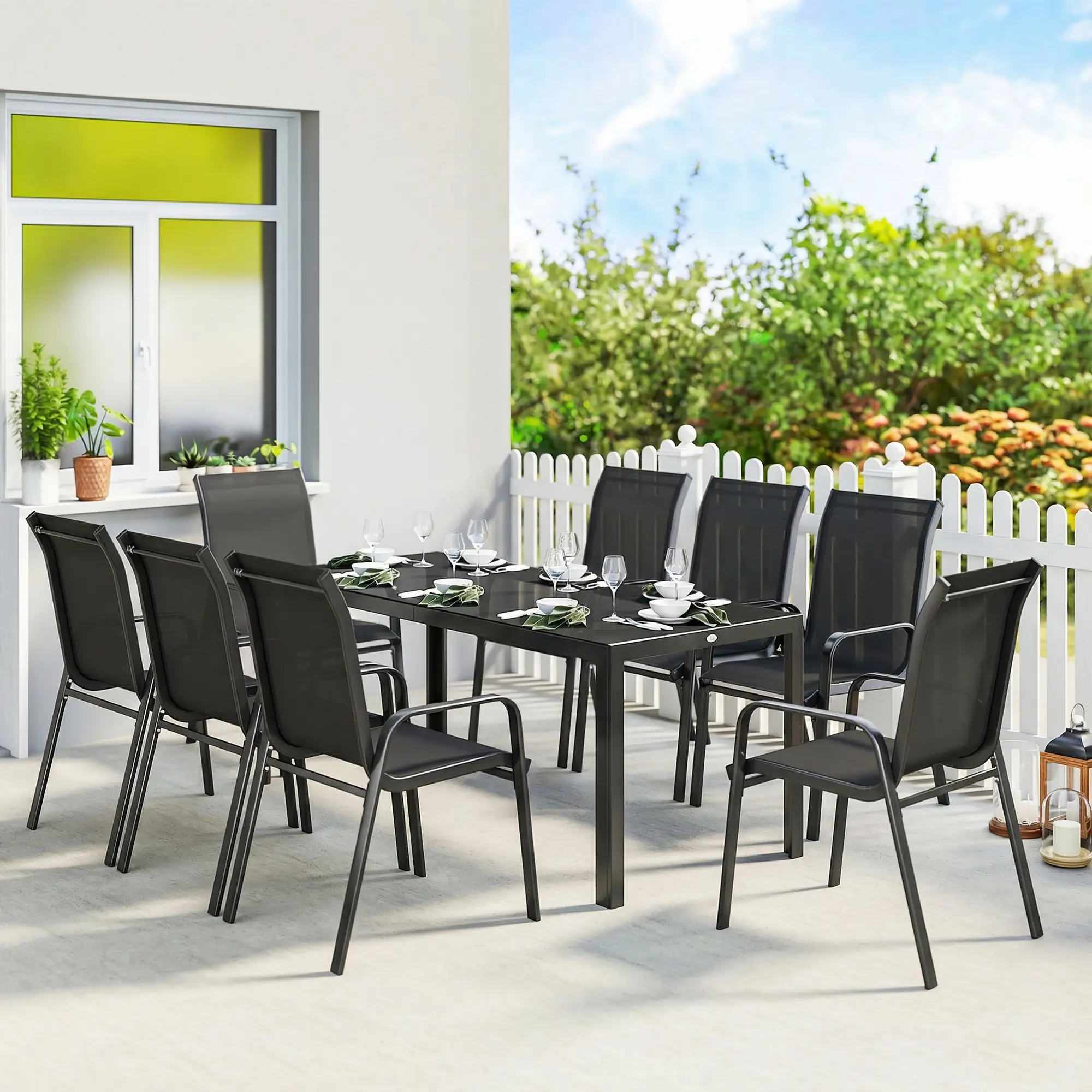 9 Piece Patio Set, Stackable Chairs, Glass Top, Black - Image 2