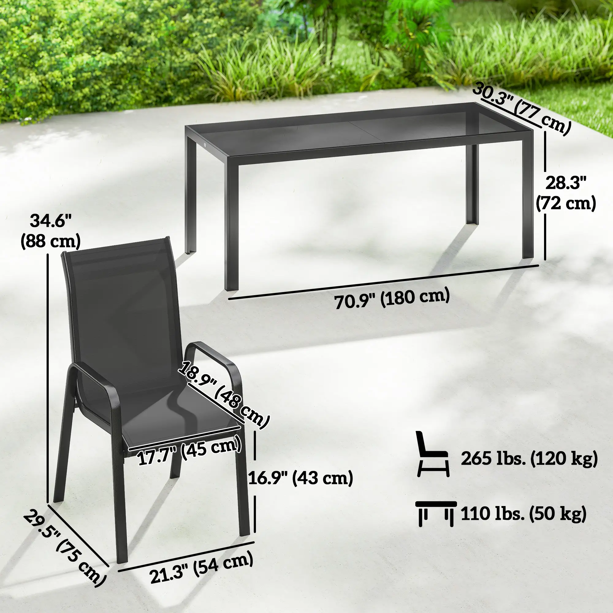 9 Piece Patio Set, Stackable Chairs, Glass Top, Black - Image 3