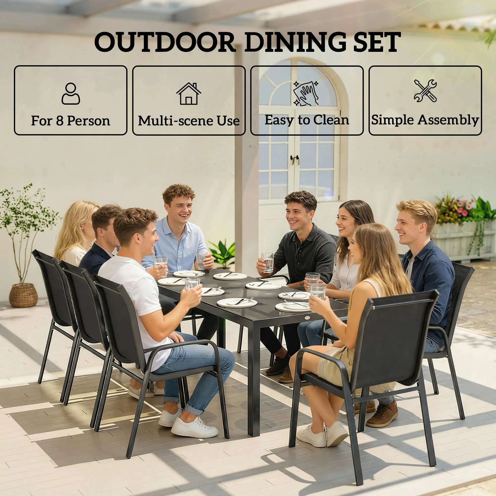 9 Piece Patio Set, Stackable Chairs, Glass Top, Black - Image 6