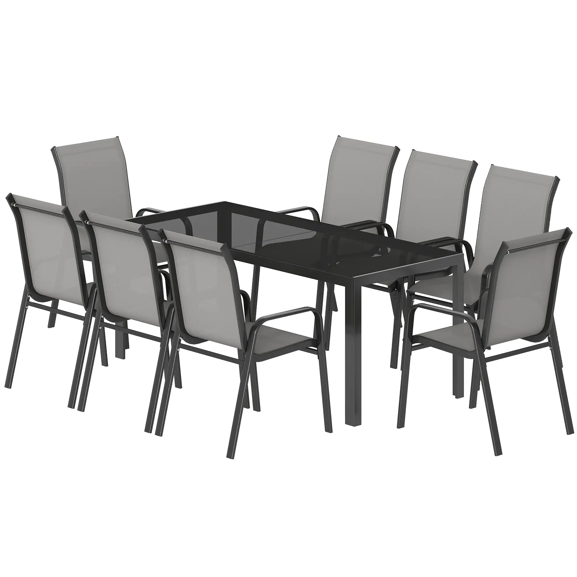 9 Piece Patio Set, Stackable Chairs, Glass Top, Light Grey