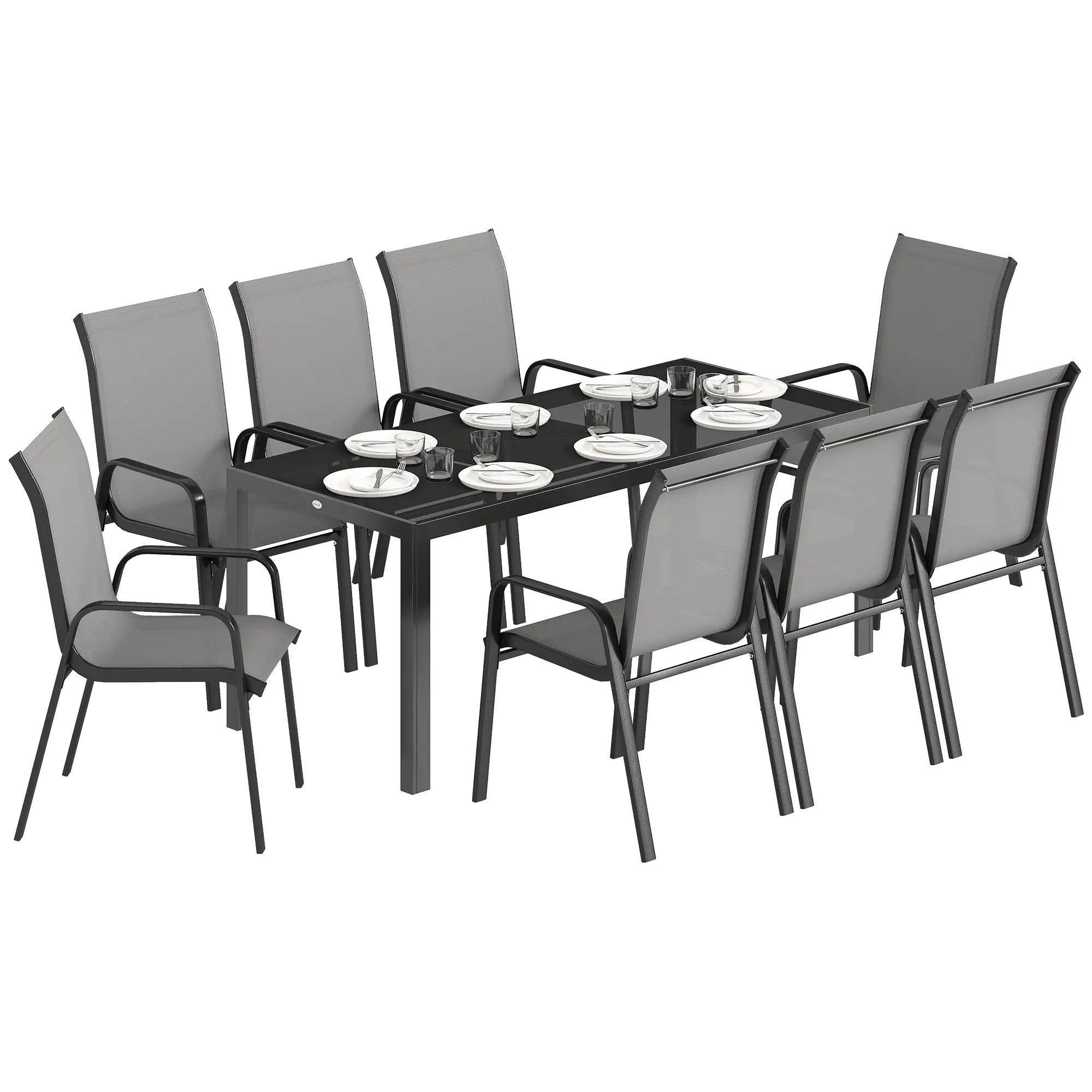 9 Piece Patio Set, Stackable Chairs, Glass Top, Light Grey - Image 11