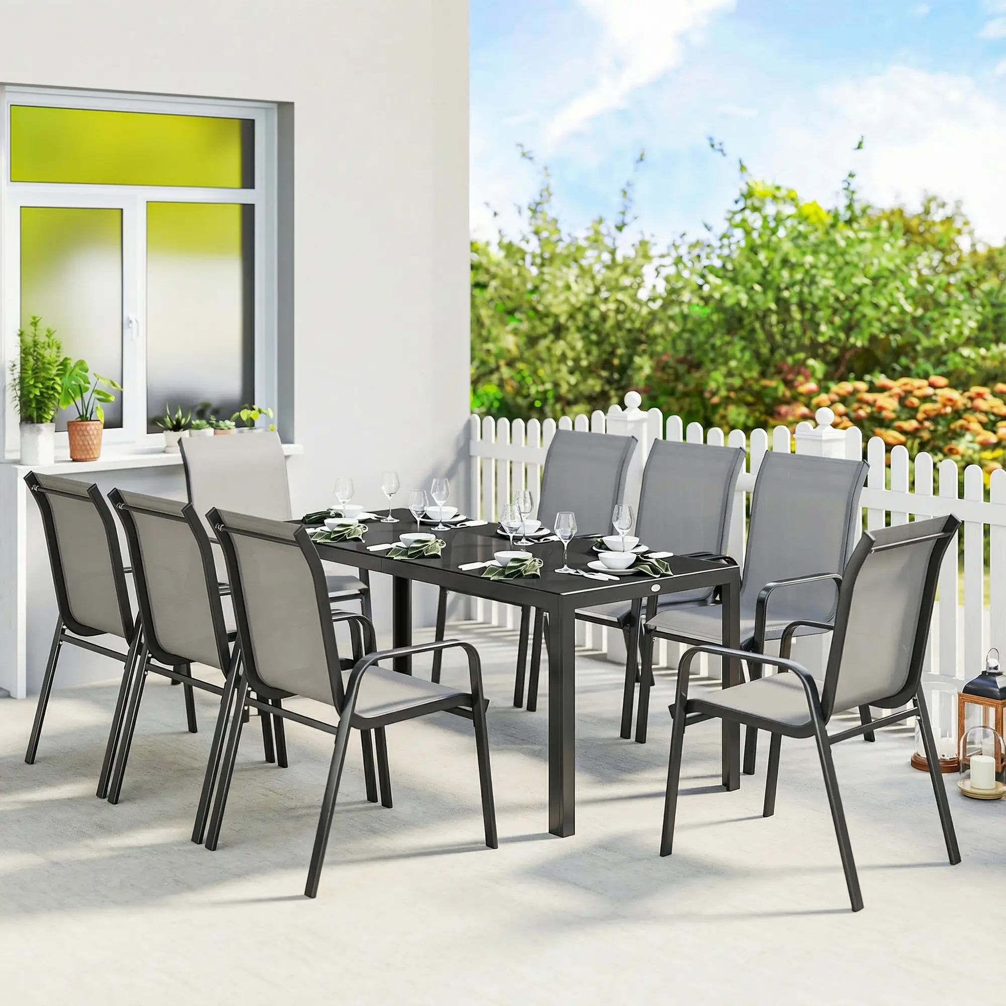 9 Piece Patio Set, Stackable Chairs, Glass Top, Light Grey - Image 2