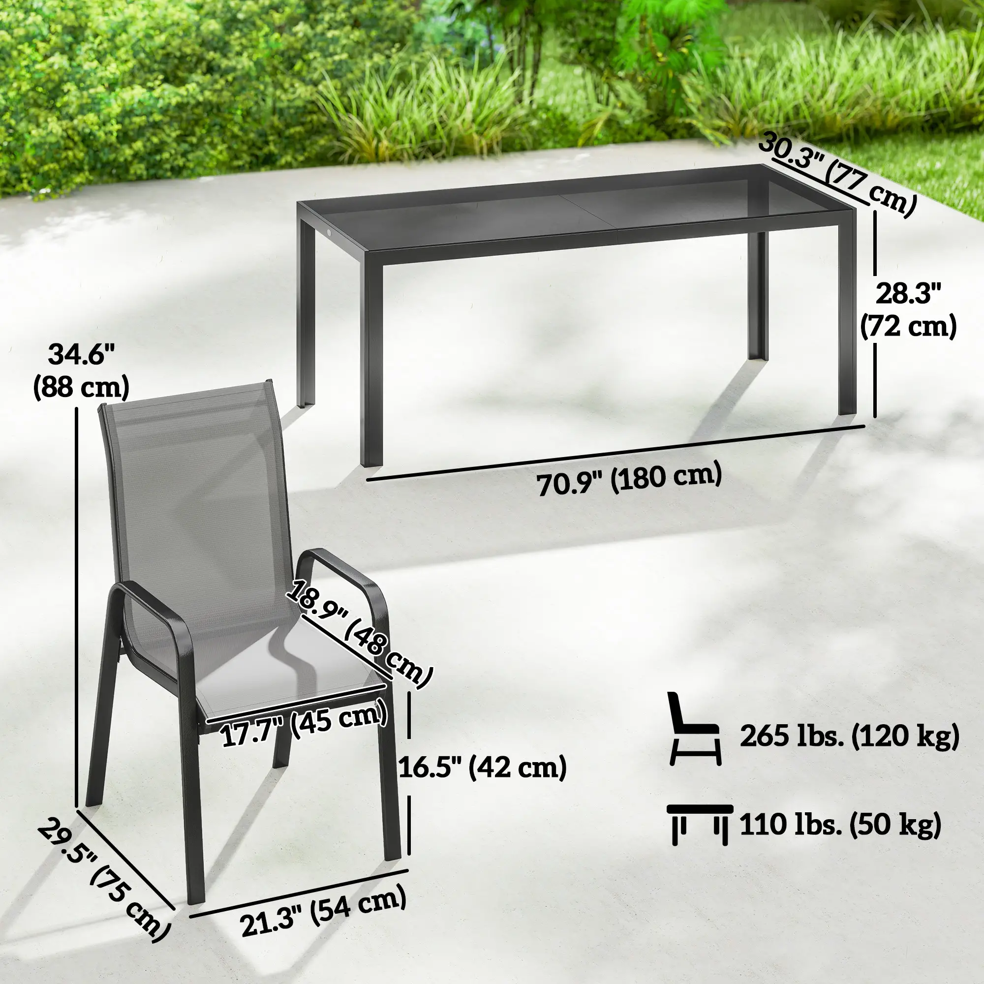 9 Piece Patio Set, Stackable Chairs, Glass Top, Light Grey - Image 3