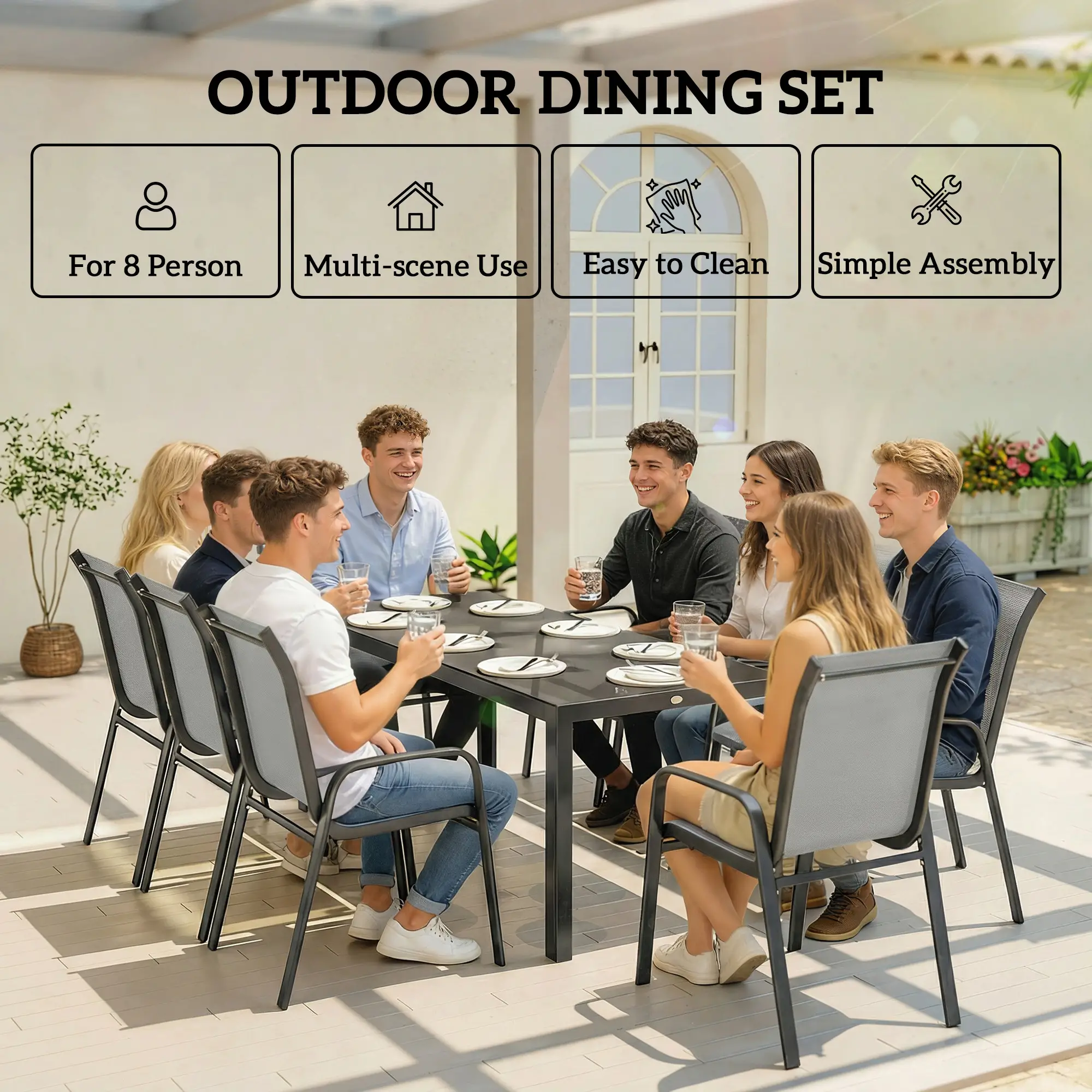 9 Piece Patio Set, Stackable Chairs, Glass Top, Light Grey - Image 6