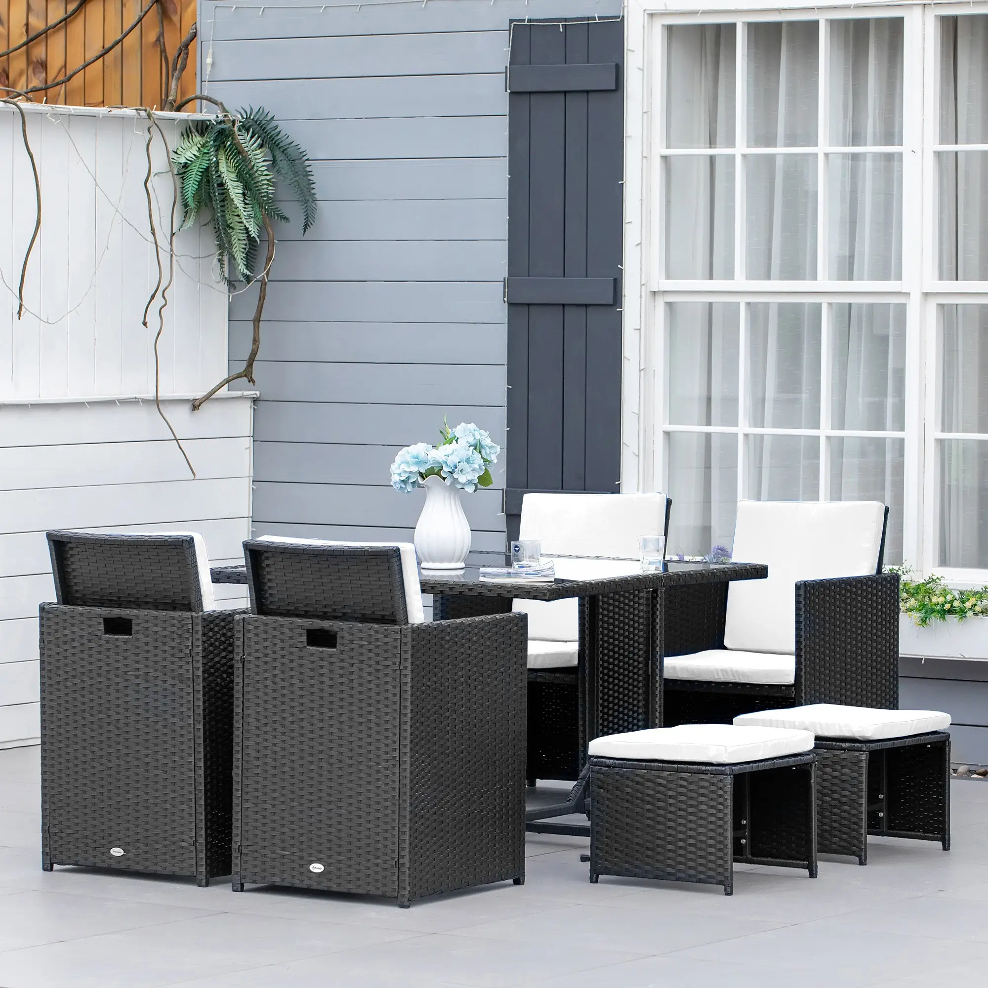 9-Piece Patio Wicker Dining Set, PE Rattan Garden Sofa, White - Image 2