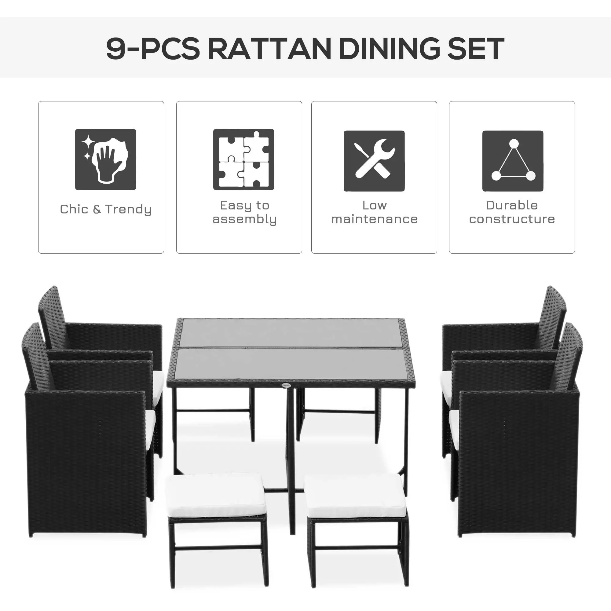 9-Piece Patio Wicker Dining Set, PE Rattan Garden Sofa, White - Image 4