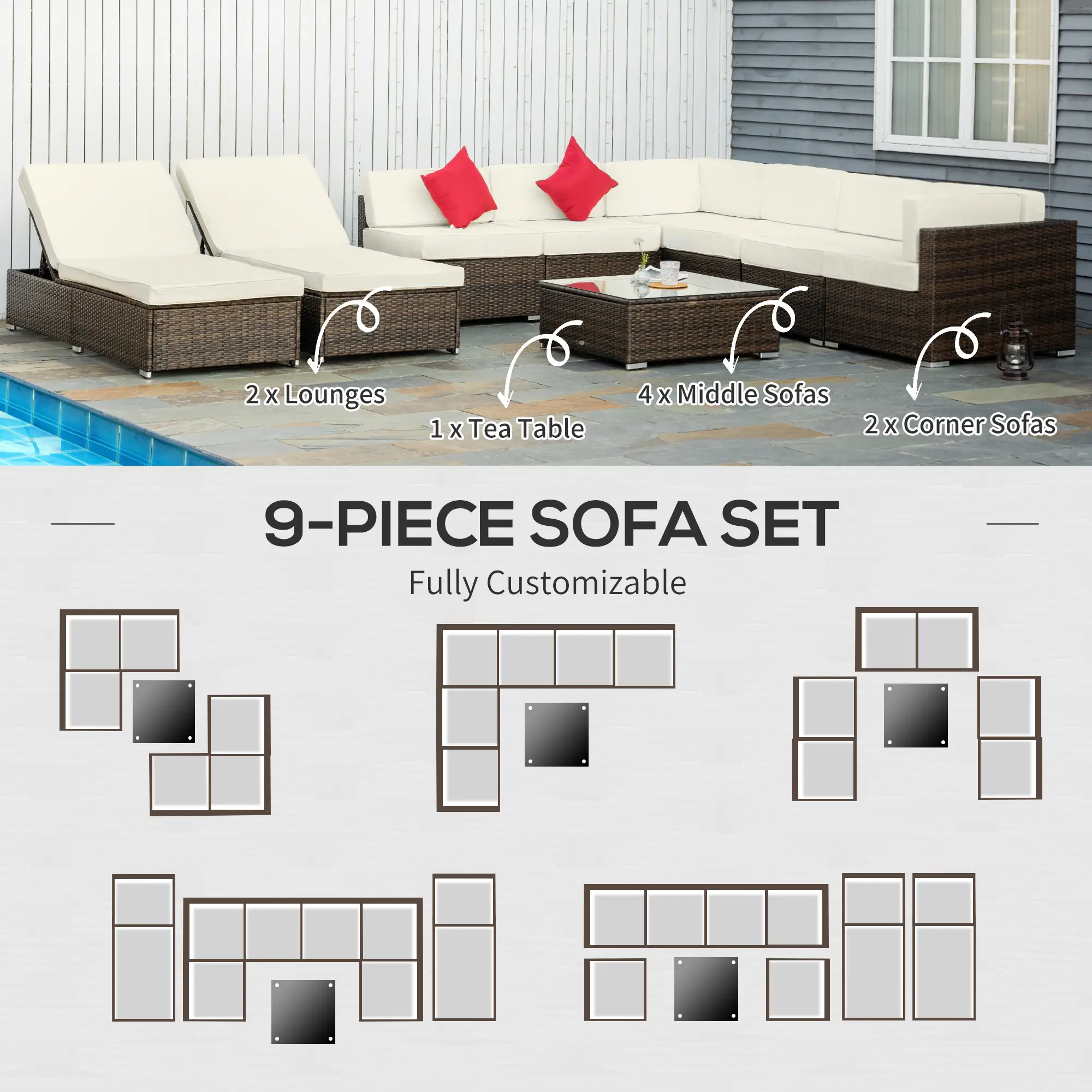 9-Piece Wicker Patio Furniture Set, with Cushion, Cream White - Image 6