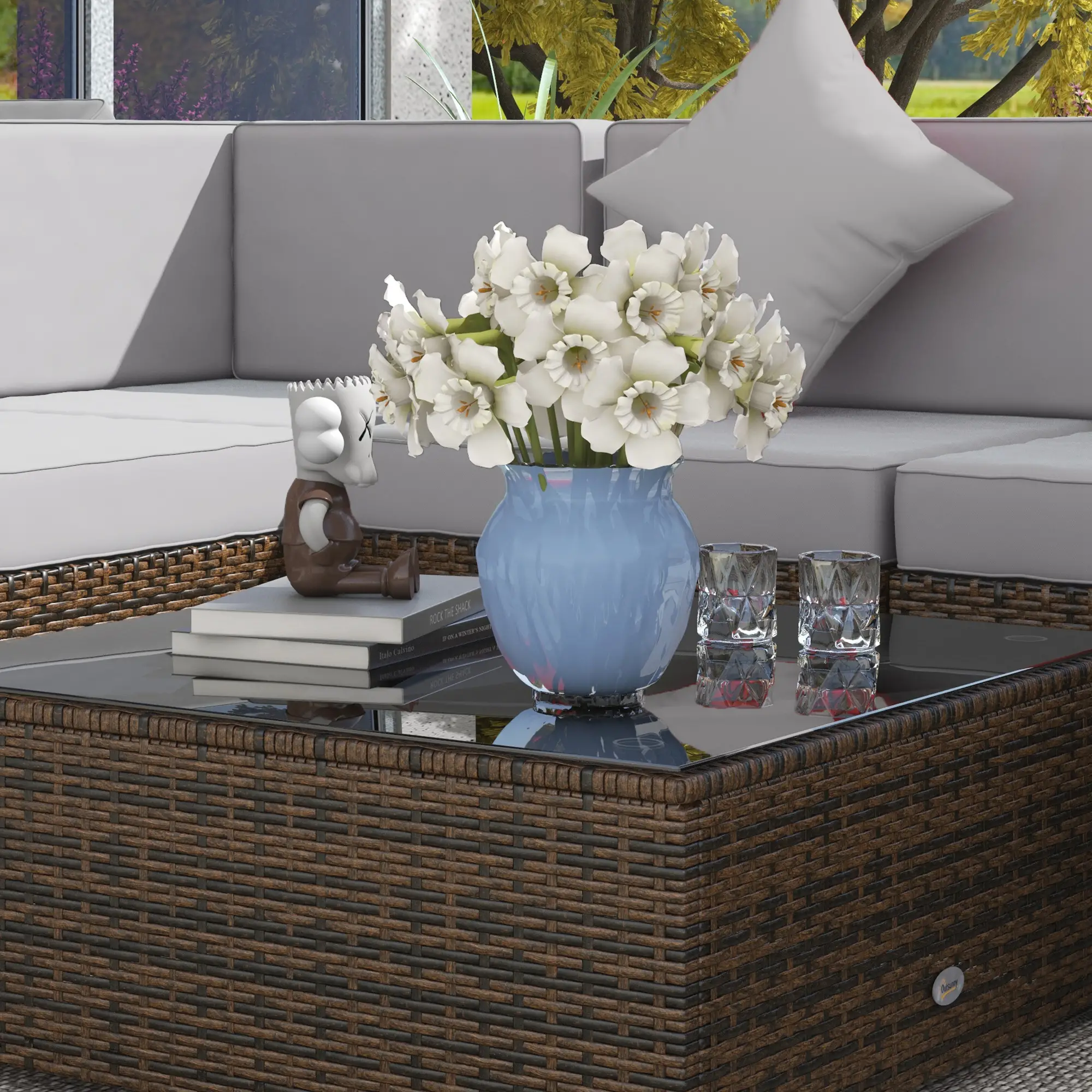 9-Piece Wicker Patio Set with Cushion, Light Grey - Image 10