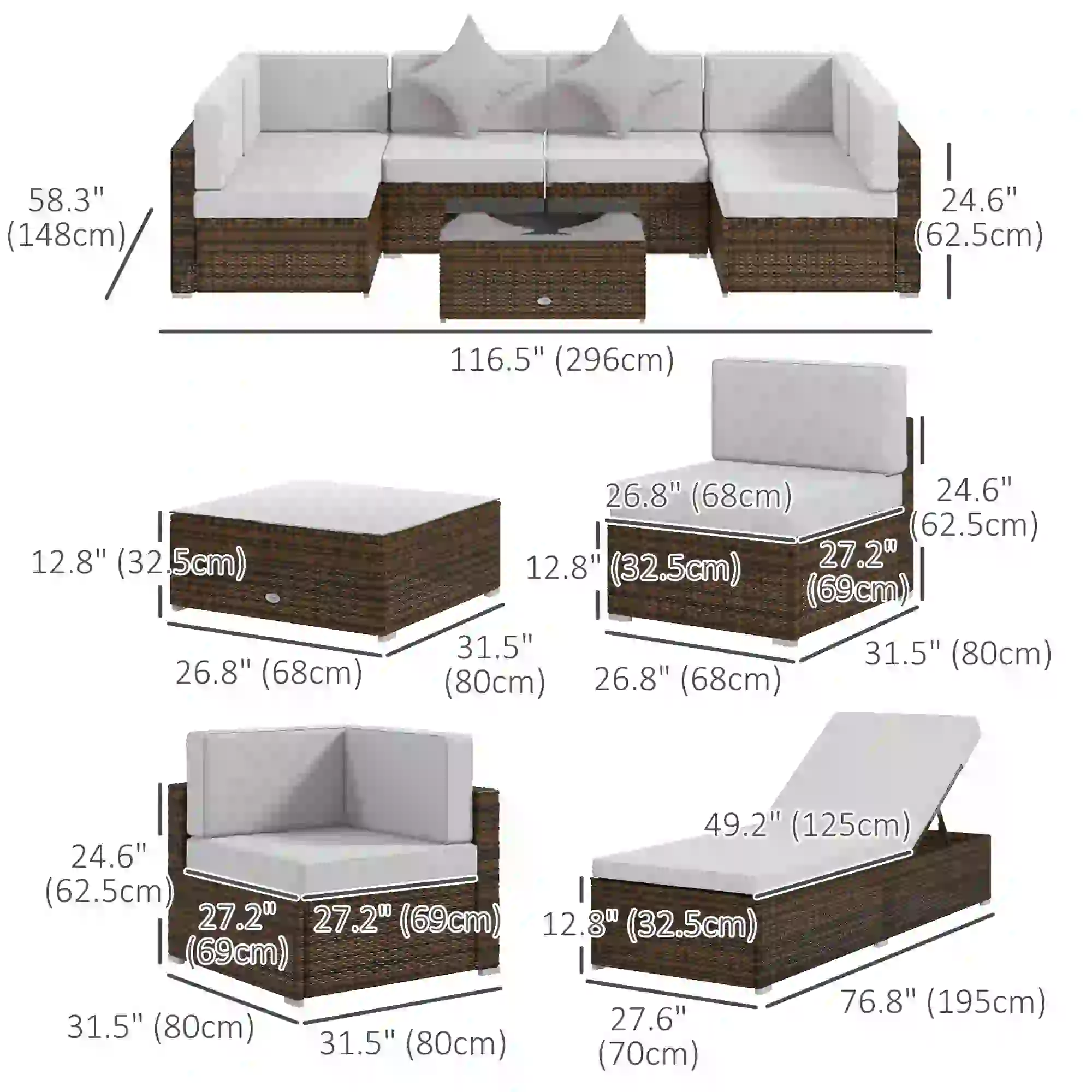 9-Piece Wicker Patio Set with Cushion, Light Grey - Image 3