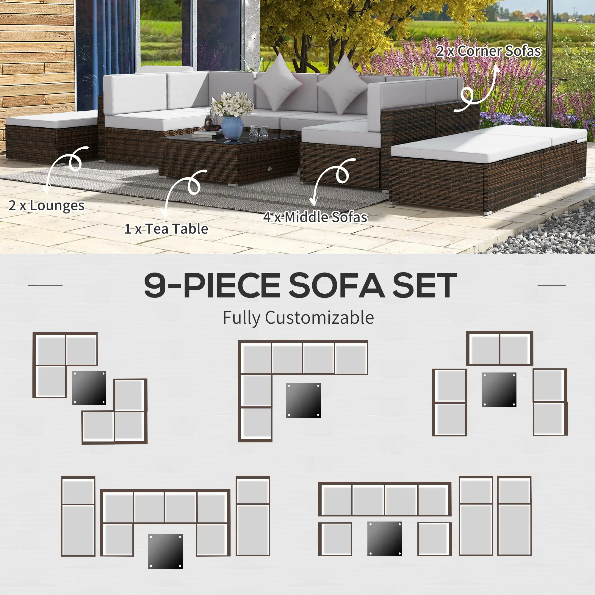 9-Piece Wicker Patio Set with Cushion, Light Grey - Image 6