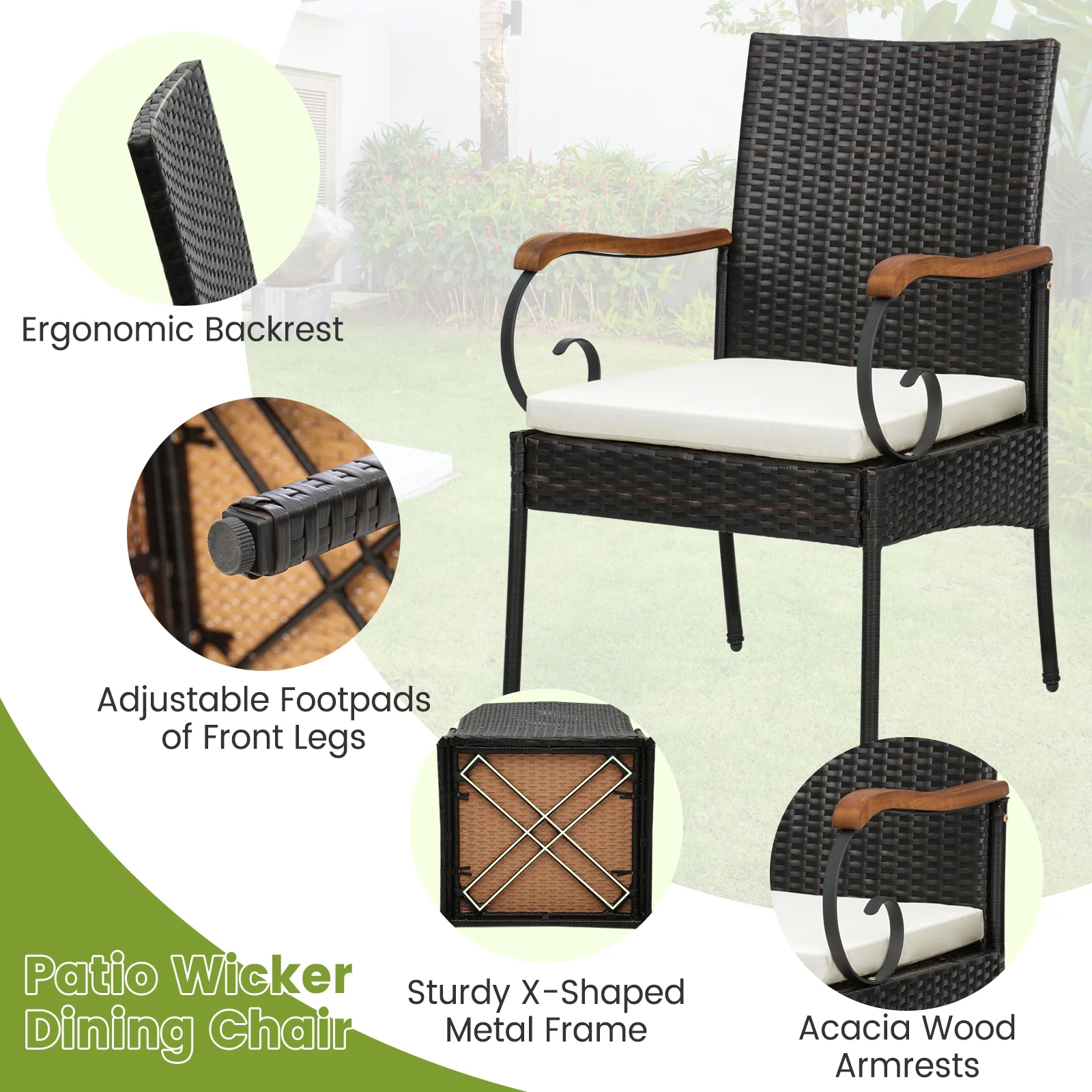 9 Pieces Patio Rattan Dining Set with Acacia Wood Table for Backyard Garden-Curved Handrail, Brown - Image 10