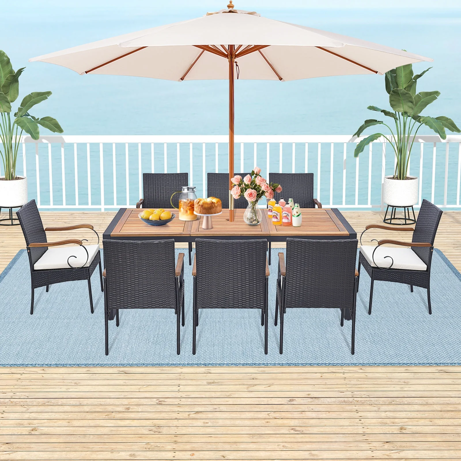9 Pieces Patio Rattan Dining Set with Acacia Wood Table for Backyard Garden-Curved Handrail, Brown - Image 2