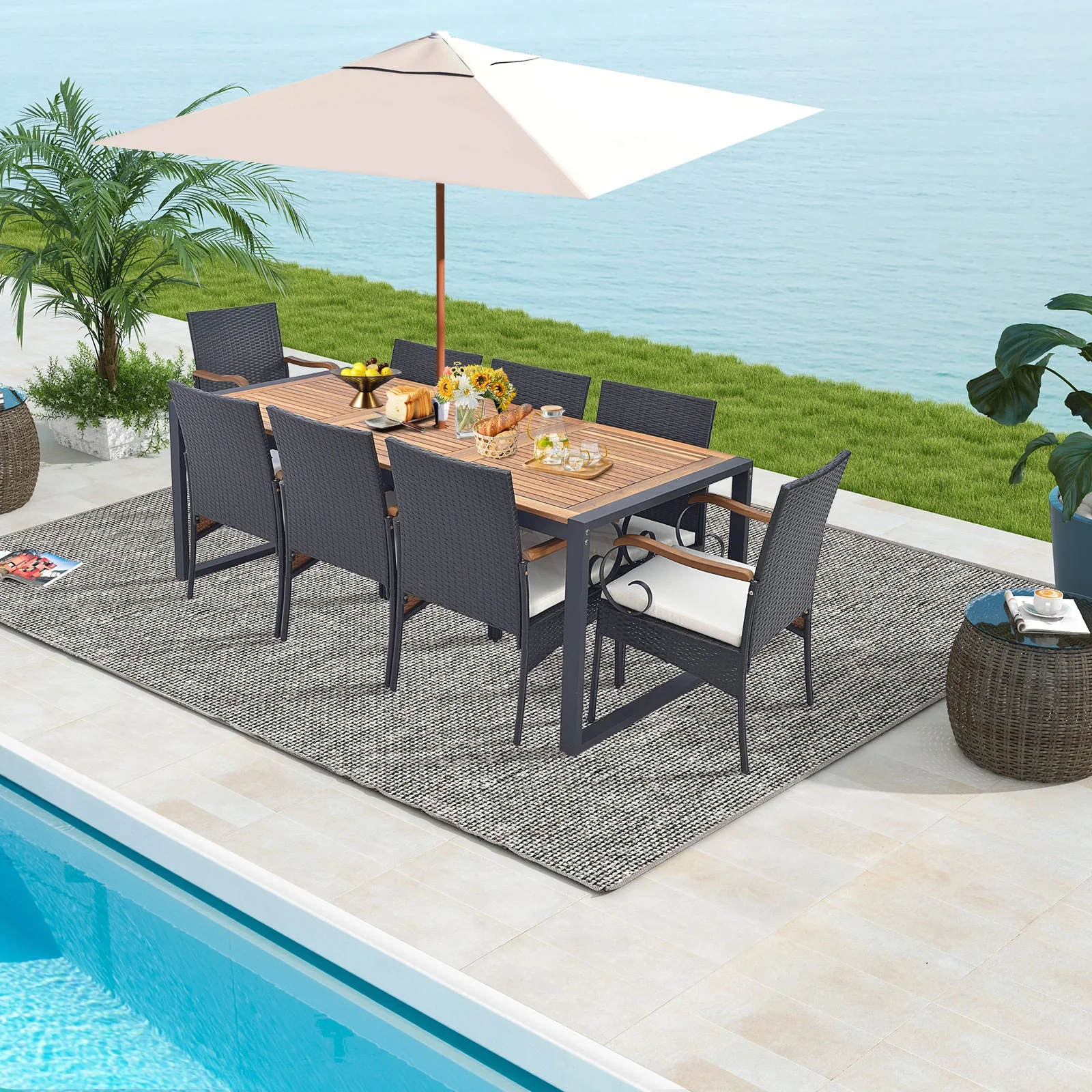 9 Pieces Patio Rattan Dining Set with Acacia Wood Table for Backyard Garden-Curved Handrail, Brown - Image 3