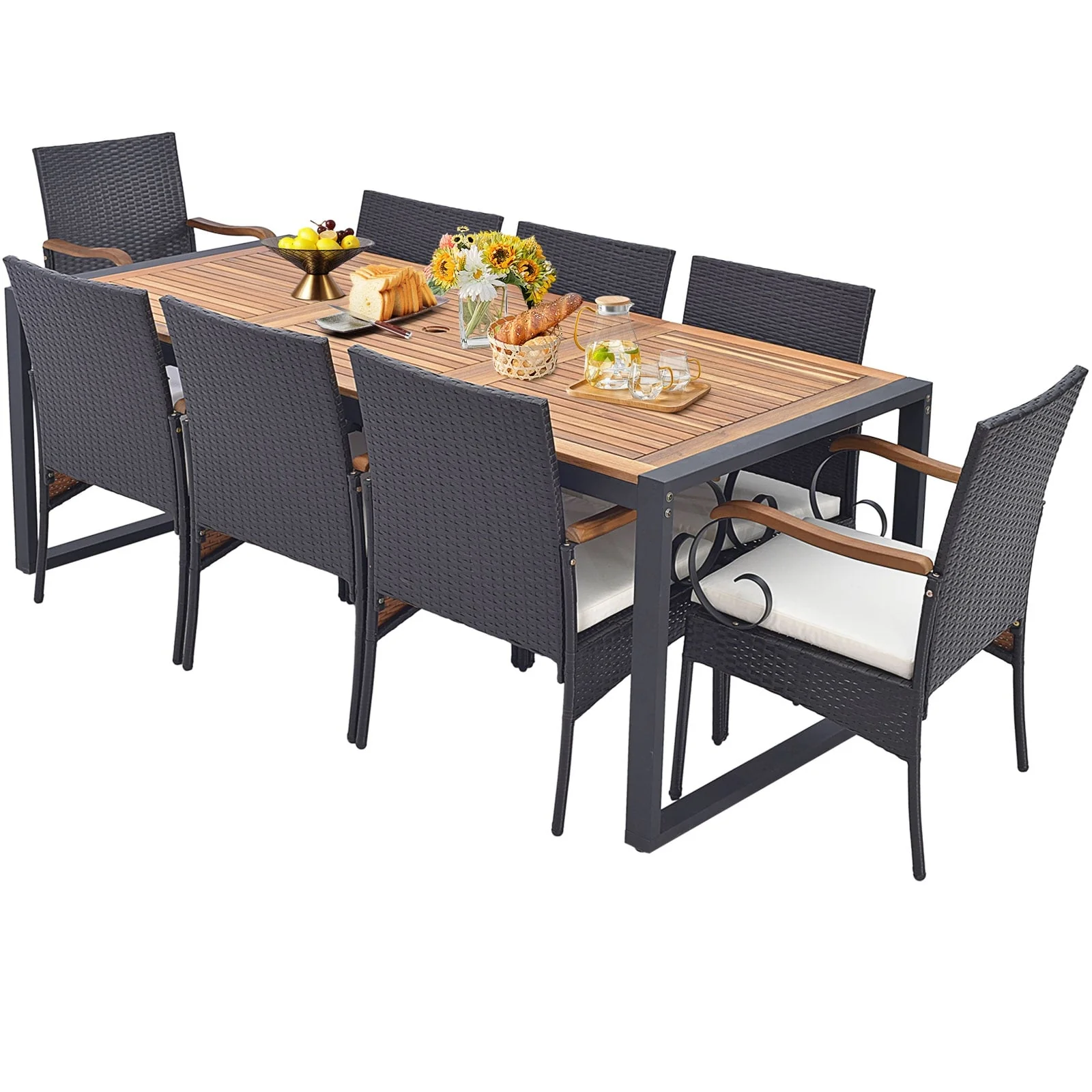 9 Pieces Patio Rattan Dining Set with Acacia Wood Table for Backyard Garden-Curved Handrail, Brown - Image 4