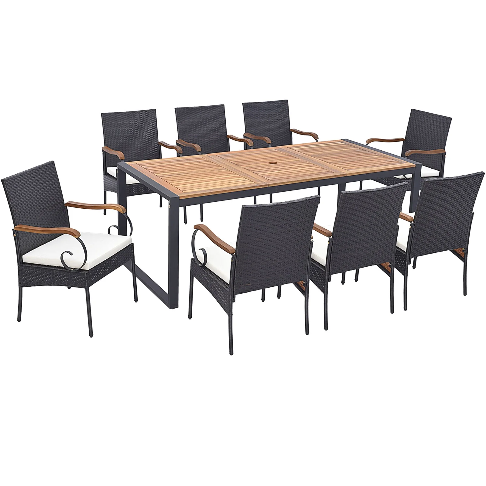 9 Pieces Patio Rattan Dining Set with Acacia Wood Table for Backyard Garden-Curved Handrail, Brown - Image 5