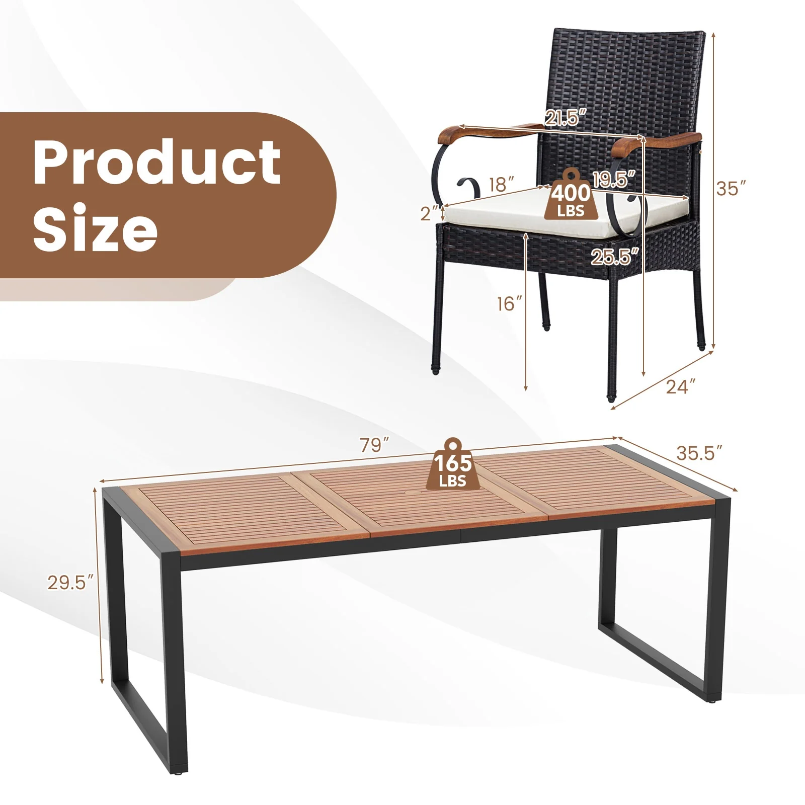 9 Pieces Patio Rattan Dining Set with Acacia Wood Table for Backyard Garden-Curved Handrail, Brown - Image 6
