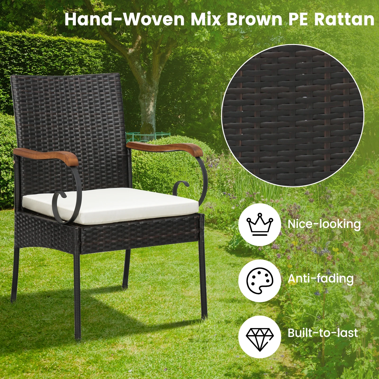 9 Pieces Patio Rattan Dining Set with Acacia Wood Table for Backyard Garden-Curved Handrail, Brown - Image 7