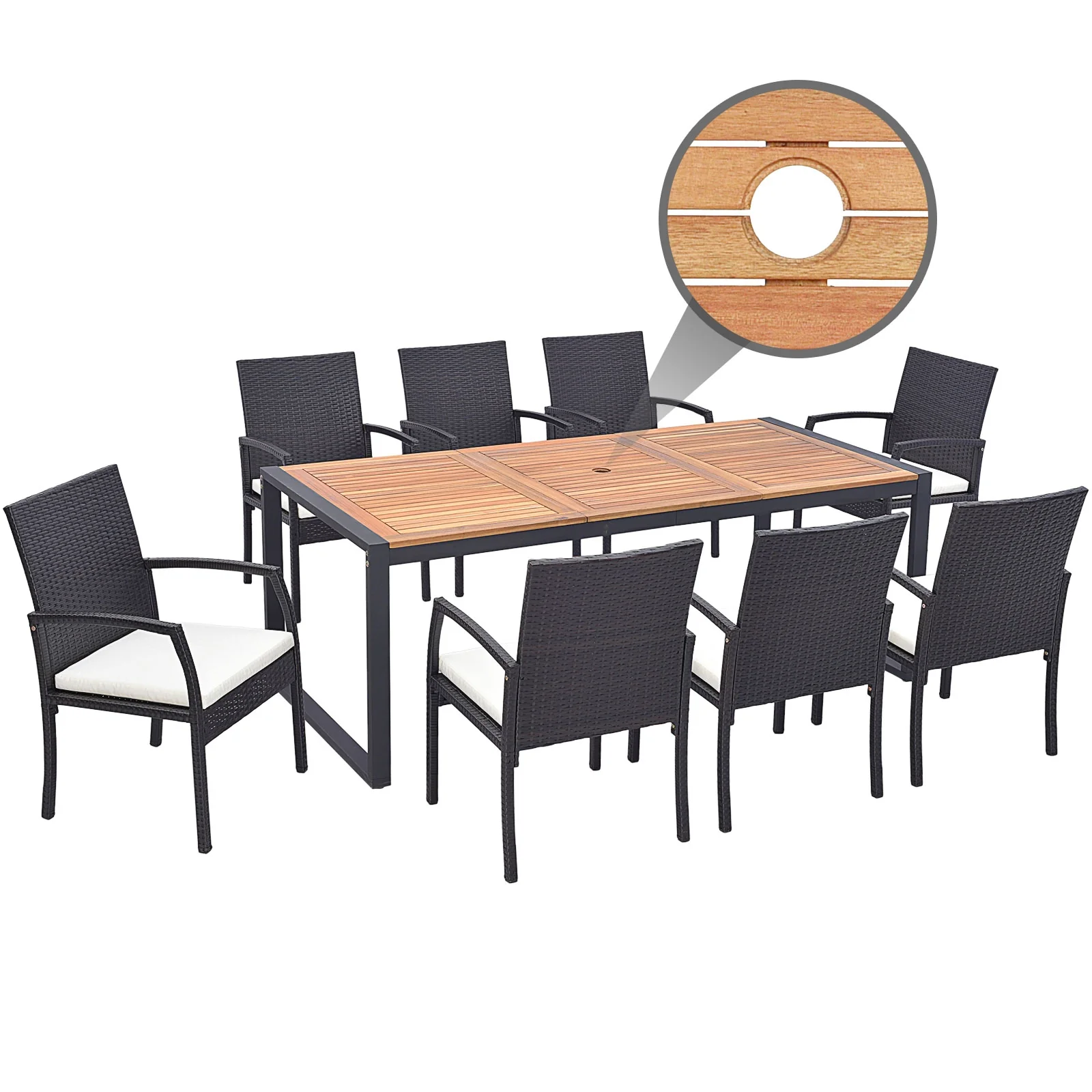 9 Pieces Patio Rattan Dining Set with Acacia Wood Table for Backyard Garden-L-shaped Handrail, Brown - Image 10
