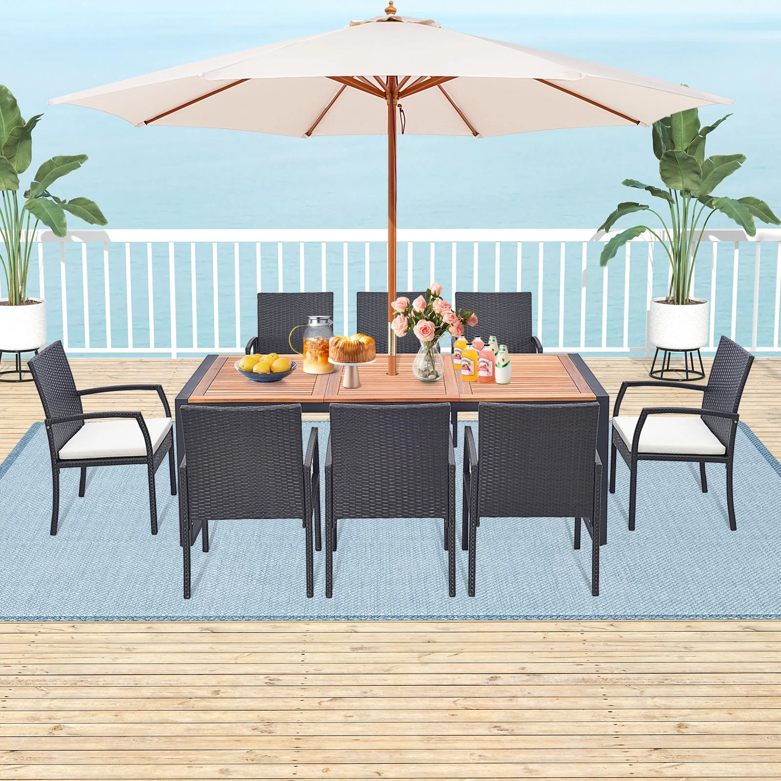 9 Pieces Patio Rattan Dining Set with Acacia Wood Table for Backyard Garden-L-shaped Handrail, Brown - Image 2