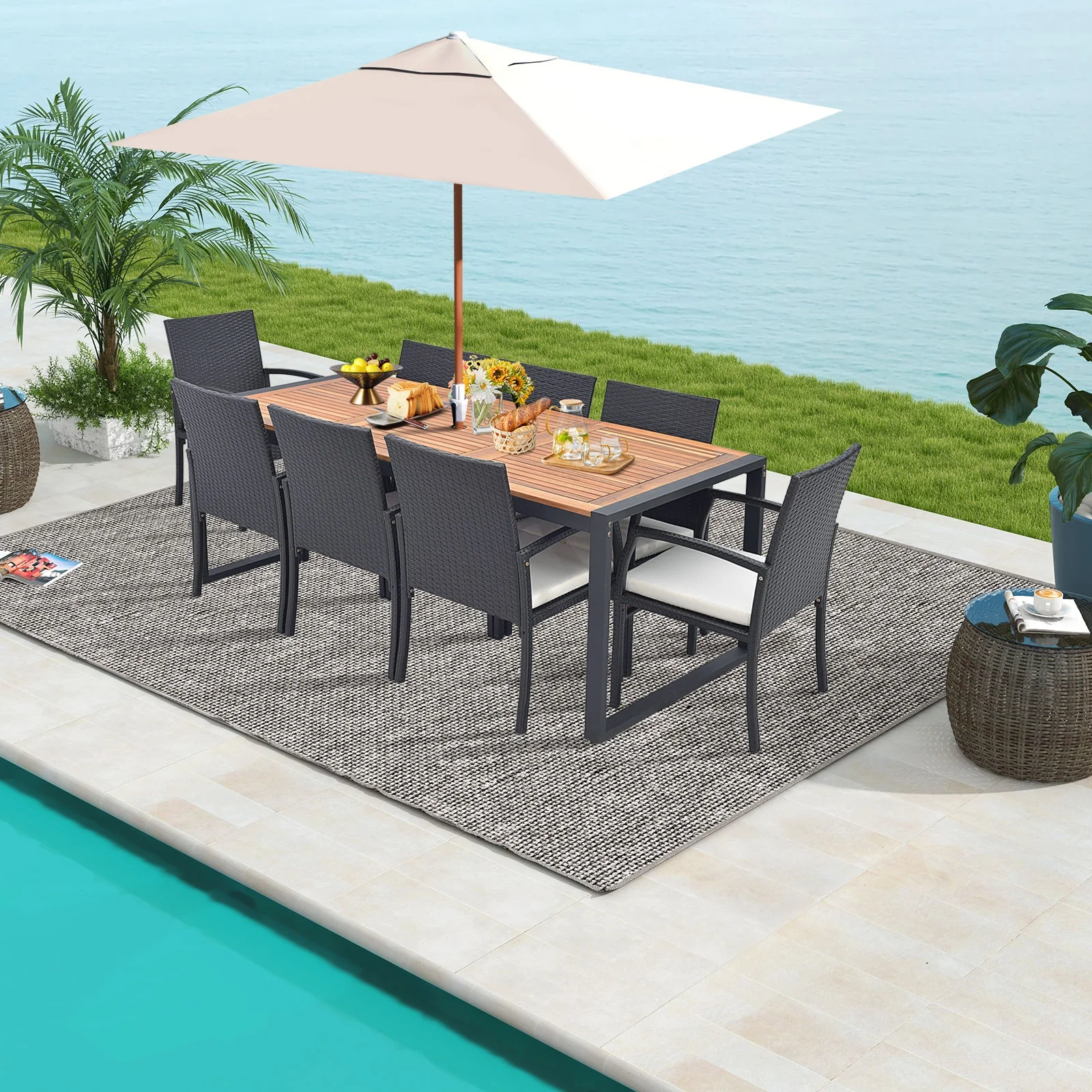 9 Pieces Patio Rattan Dining Set with Acacia Wood Table for Backyard Garden-L-shaped Handrail, Brown - Image 3