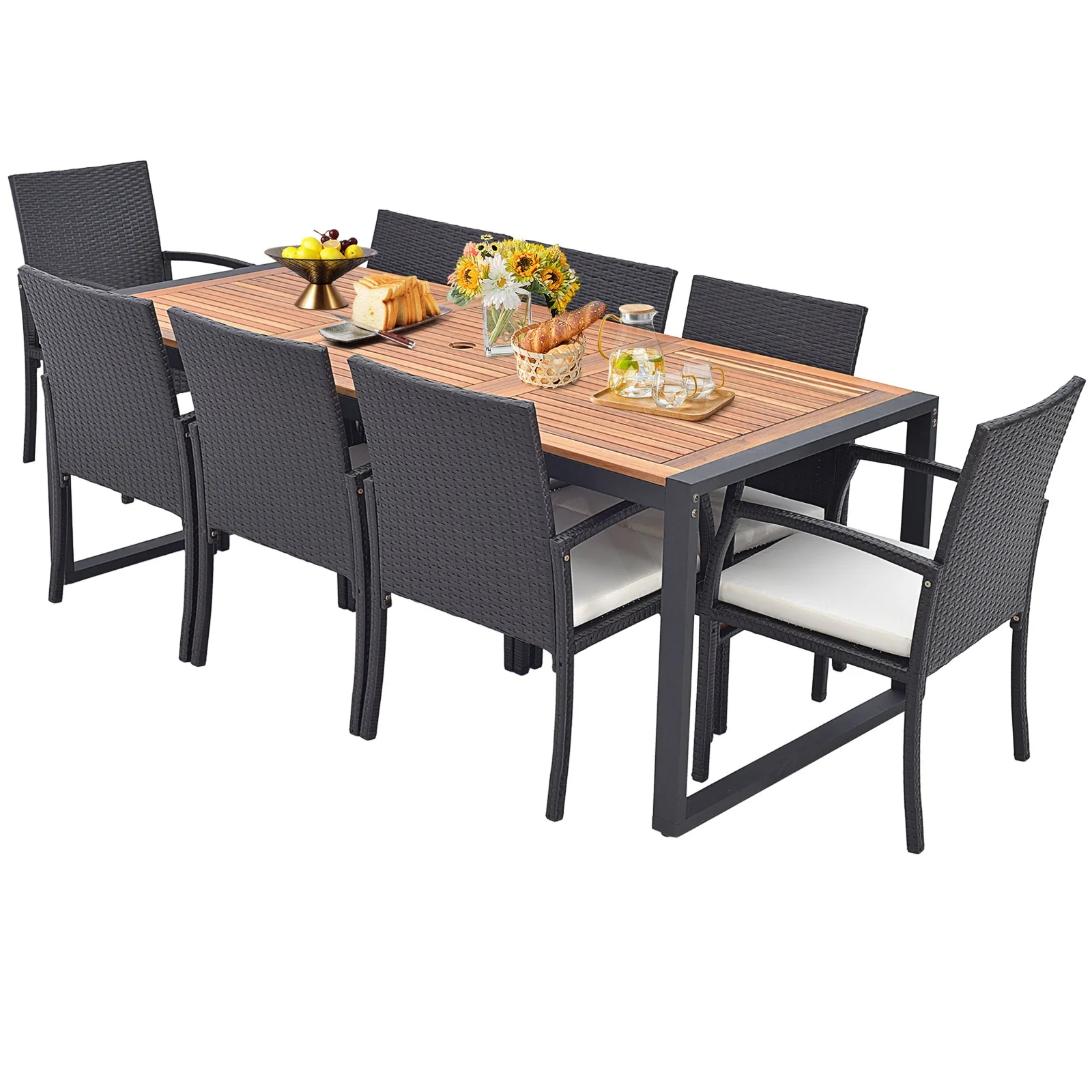 9 Pieces Patio Rattan Dining Set with Acacia Wood Table for Backyard Garden-L-shaped Handrail, Brown - Image 4