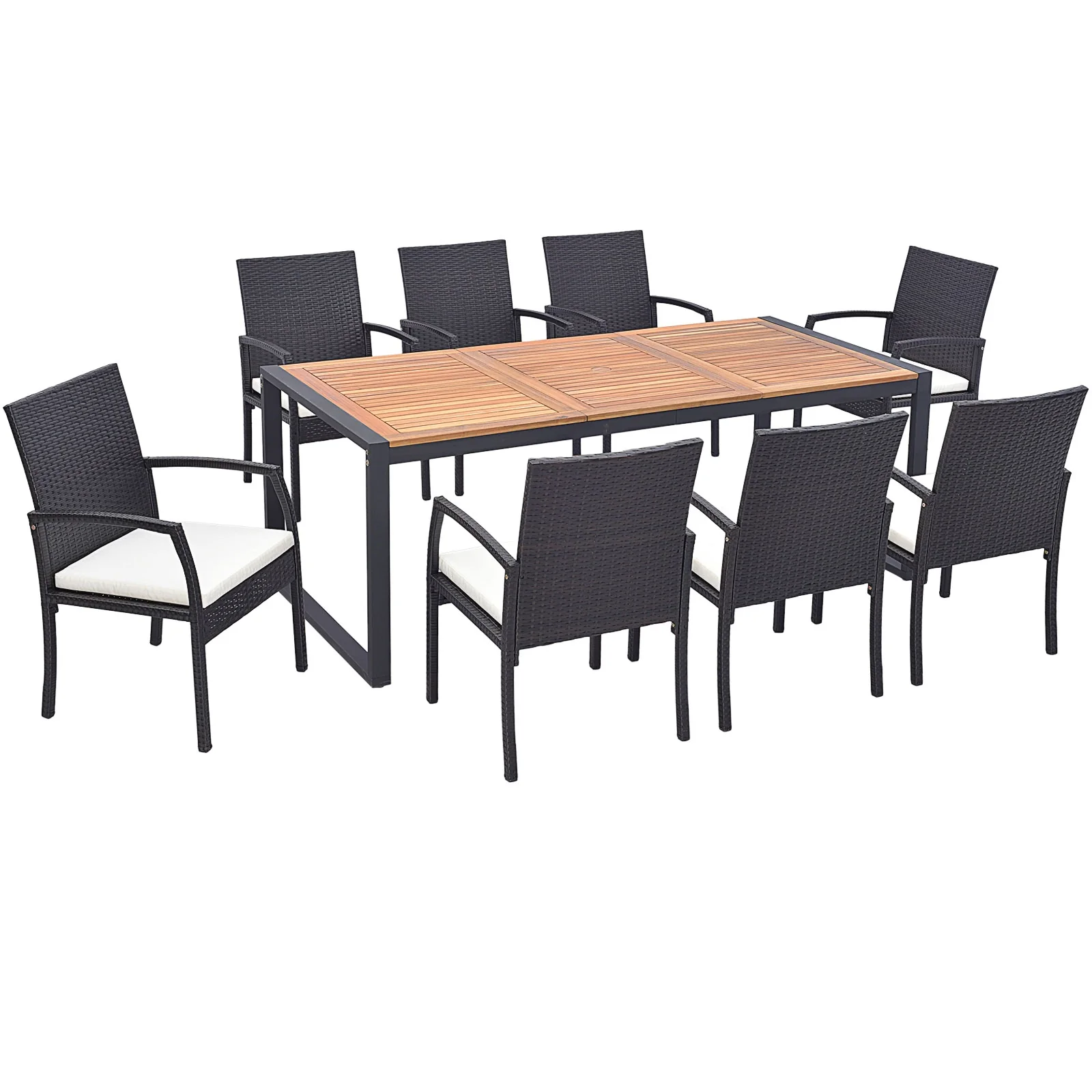 9 Pieces Patio Rattan Dining Set with Acacia Wood Table for Backyard Garden-L-shaped Handrail, Brown - Image 5