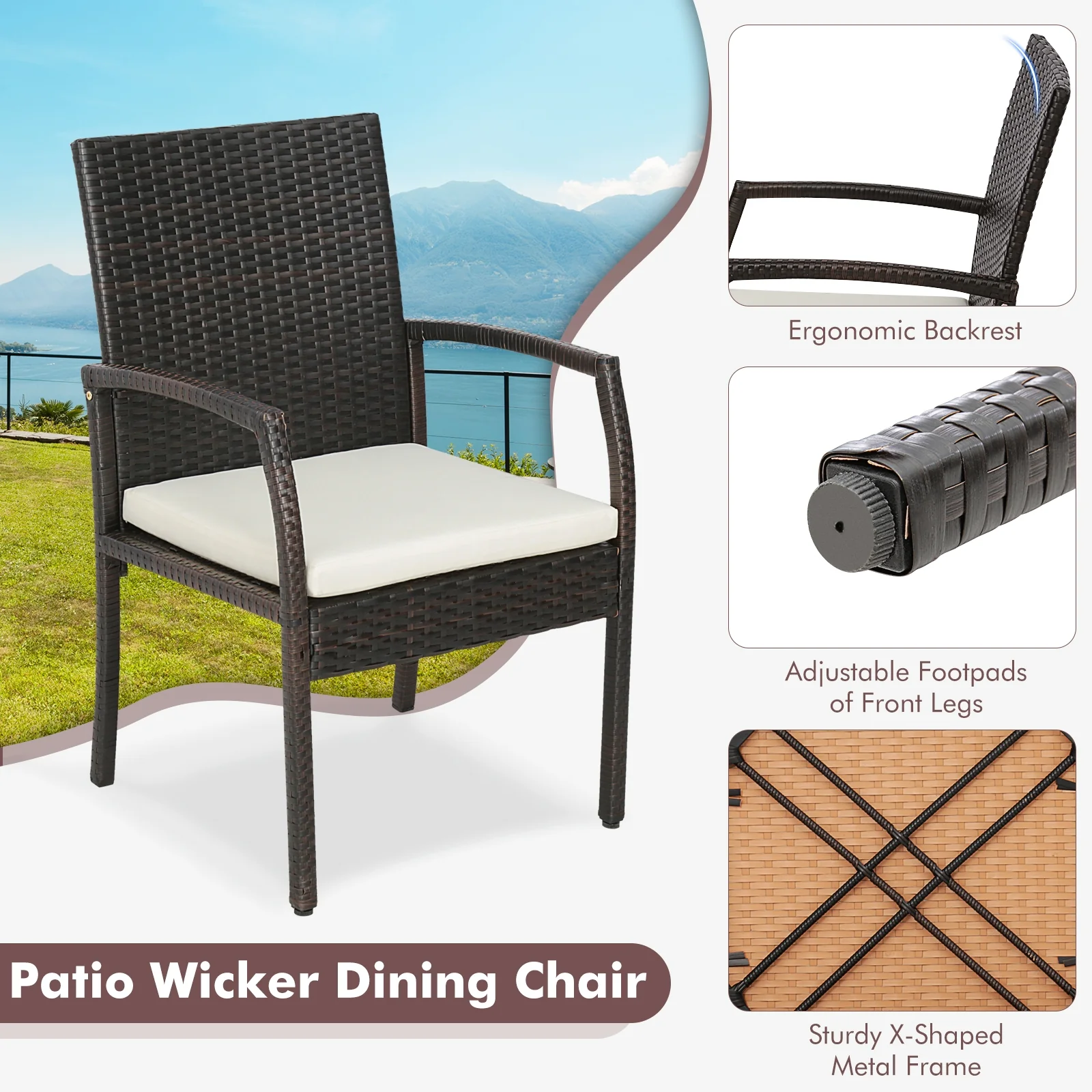 9 Pieces Patio Rattan Dining Set with Acacia Wood Table for Backyard Garden-L-shaped Handrail, Brown - Image 8