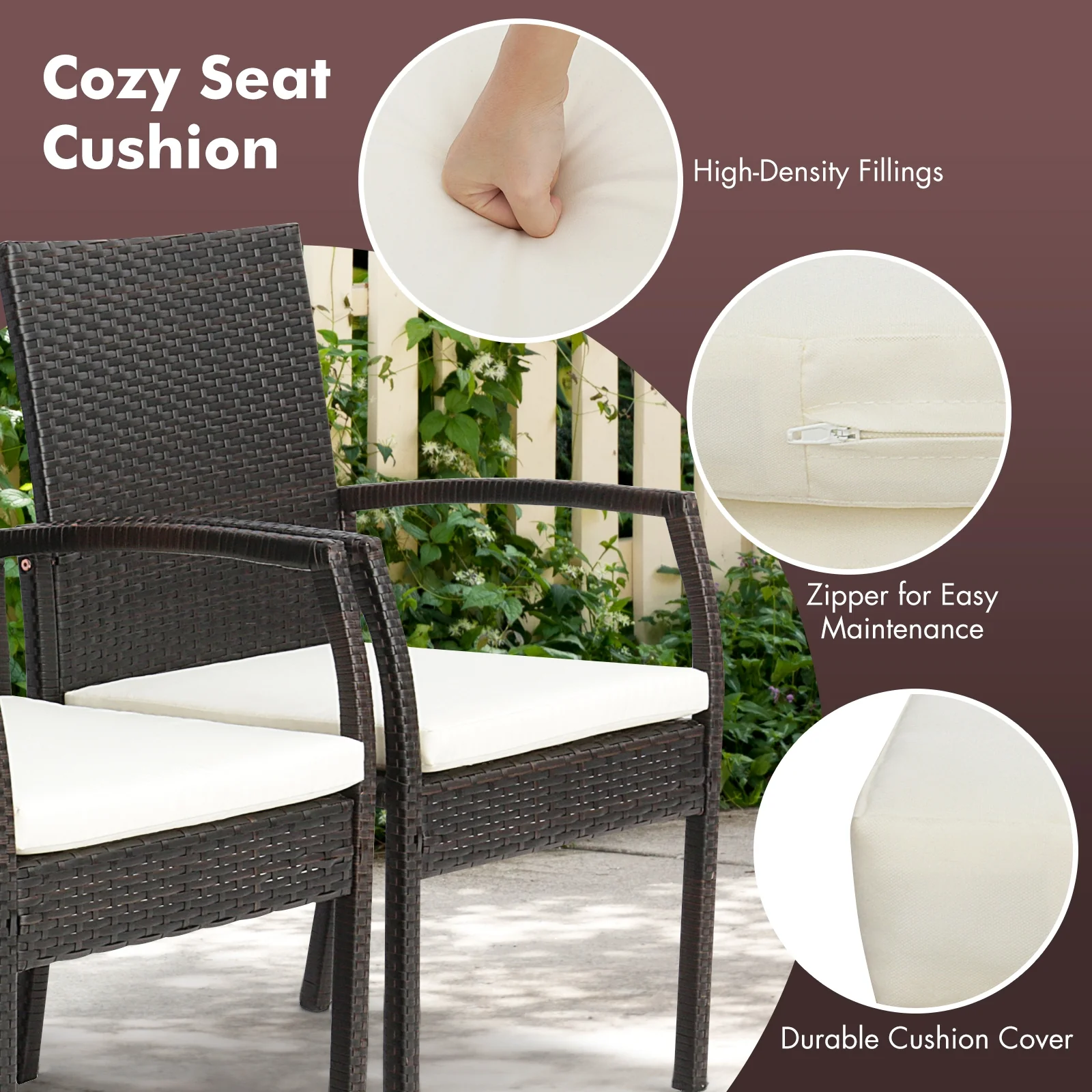 9 Pieces Patio Rattan Dining Set with Acacia Wood Table for Backyard Garden-L-shaped Handrail, Brown - Image 9