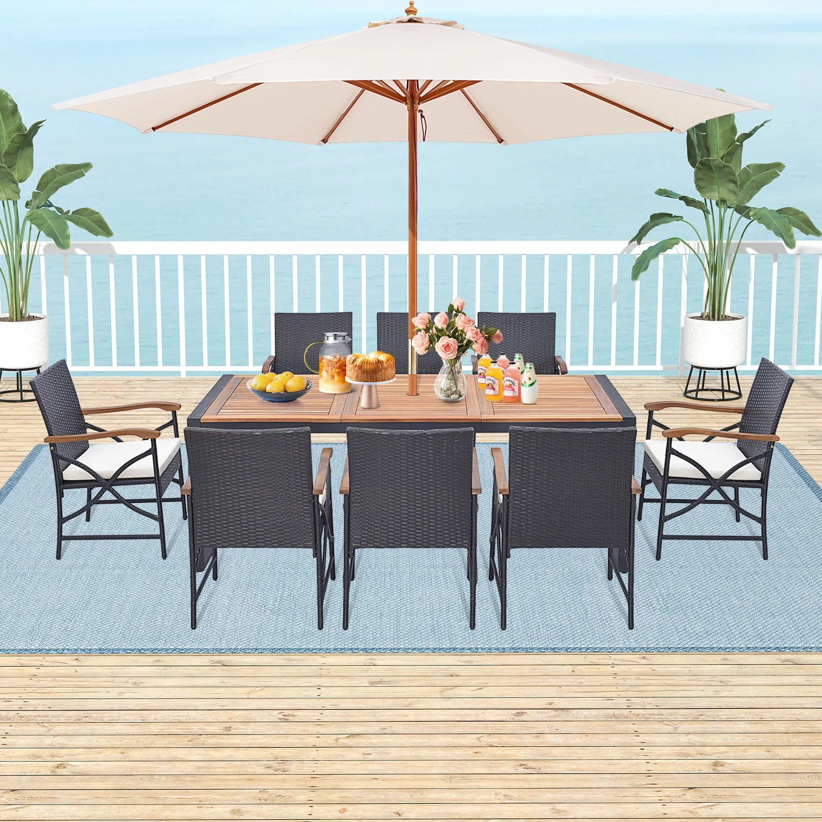 9 Pieces Patio Rattan Dining Set with Acacia Wood Table for Backyard Garden-X-side Handrail, Brown - Image 2