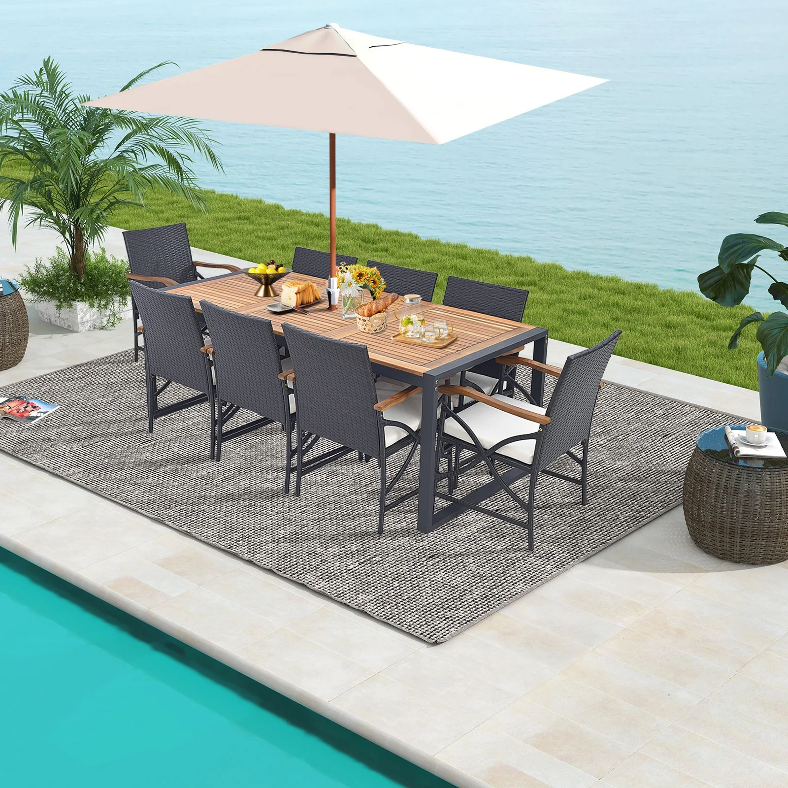 9 Pieces Patio Rattan Dining Set with Acacia Wood Table for Backyard Garden-X-side Handrail, Brown - Image 3