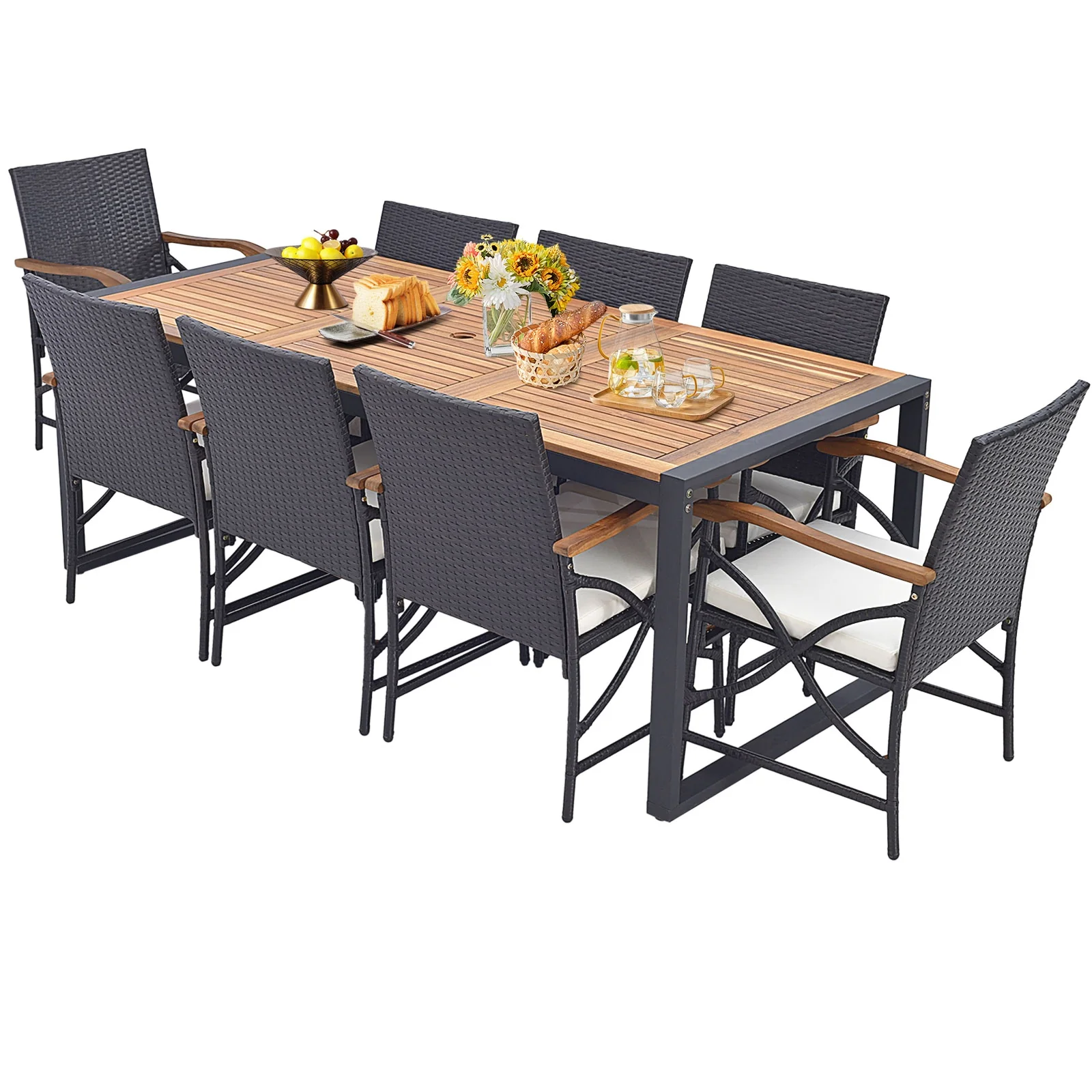 9 Pieces Patio Rattan Dining Set with Acacia Wood Table for Backyard Garden-X-side Handrail, Brown - Image 4