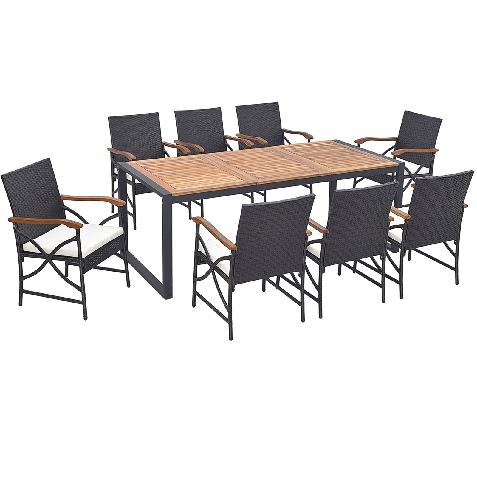 9 Pieces Patio Rattan Dining Set with Acacia Wood Table for Backyard Garden-X-side Handrail, Brown - Image 5