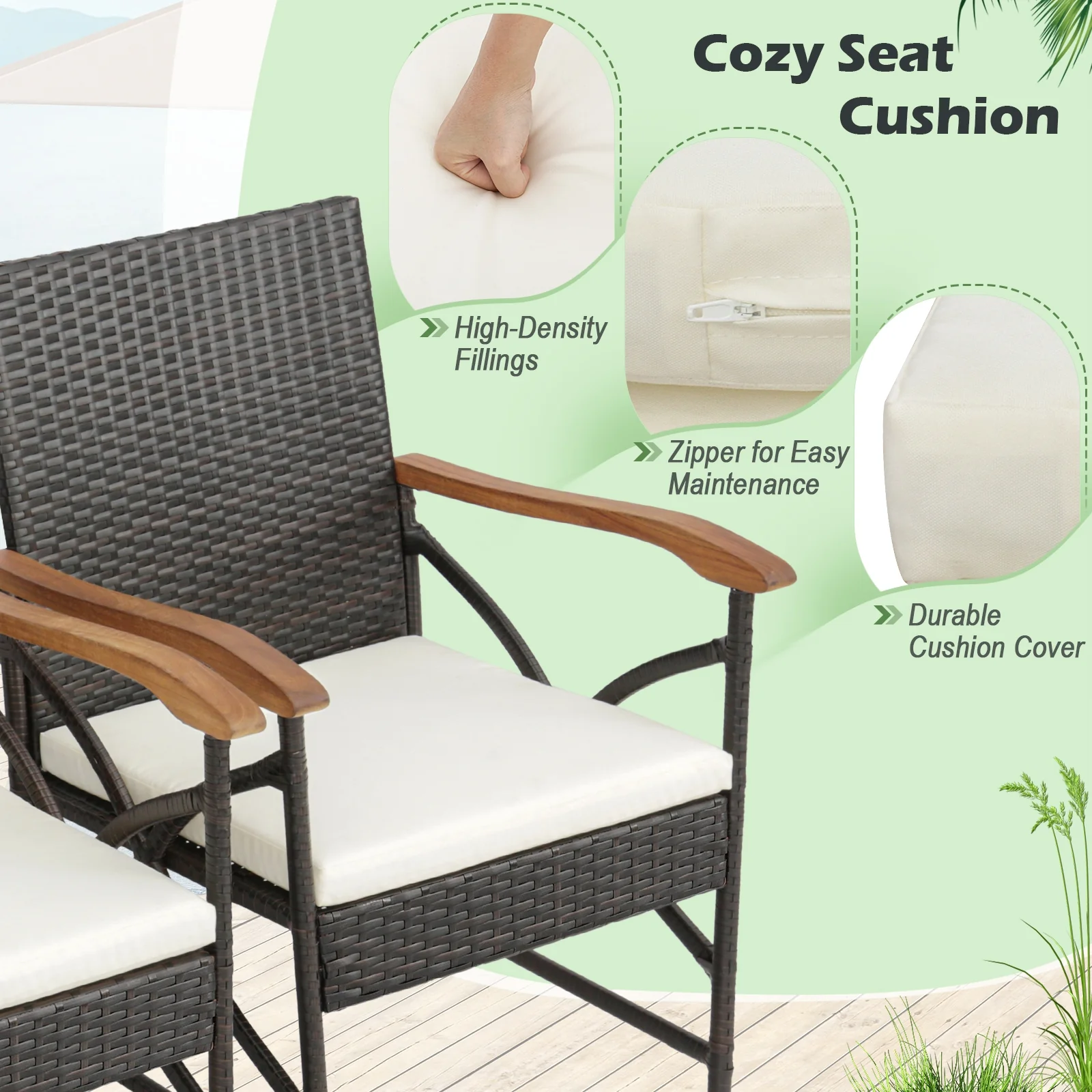 9 Pieces Patio Rattan Dining Set with Acacia Wood Table for Backyard Garden-X-side Handrail, Brown - Image 7