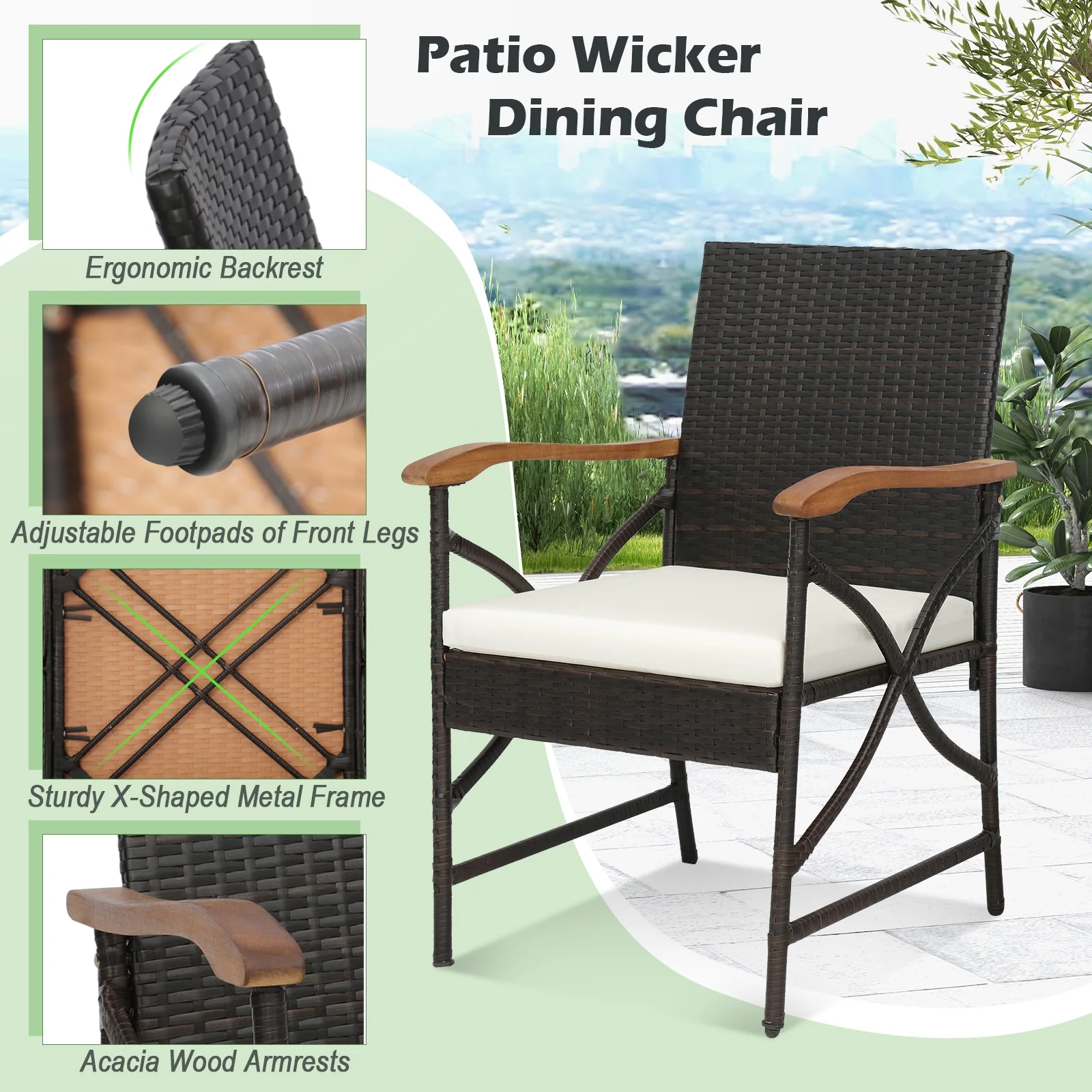 9 Pieces Patio Rattan Dining Set with Acacia Wood Table for Backyard Garden-X-side Handrail, Brown - Image 8