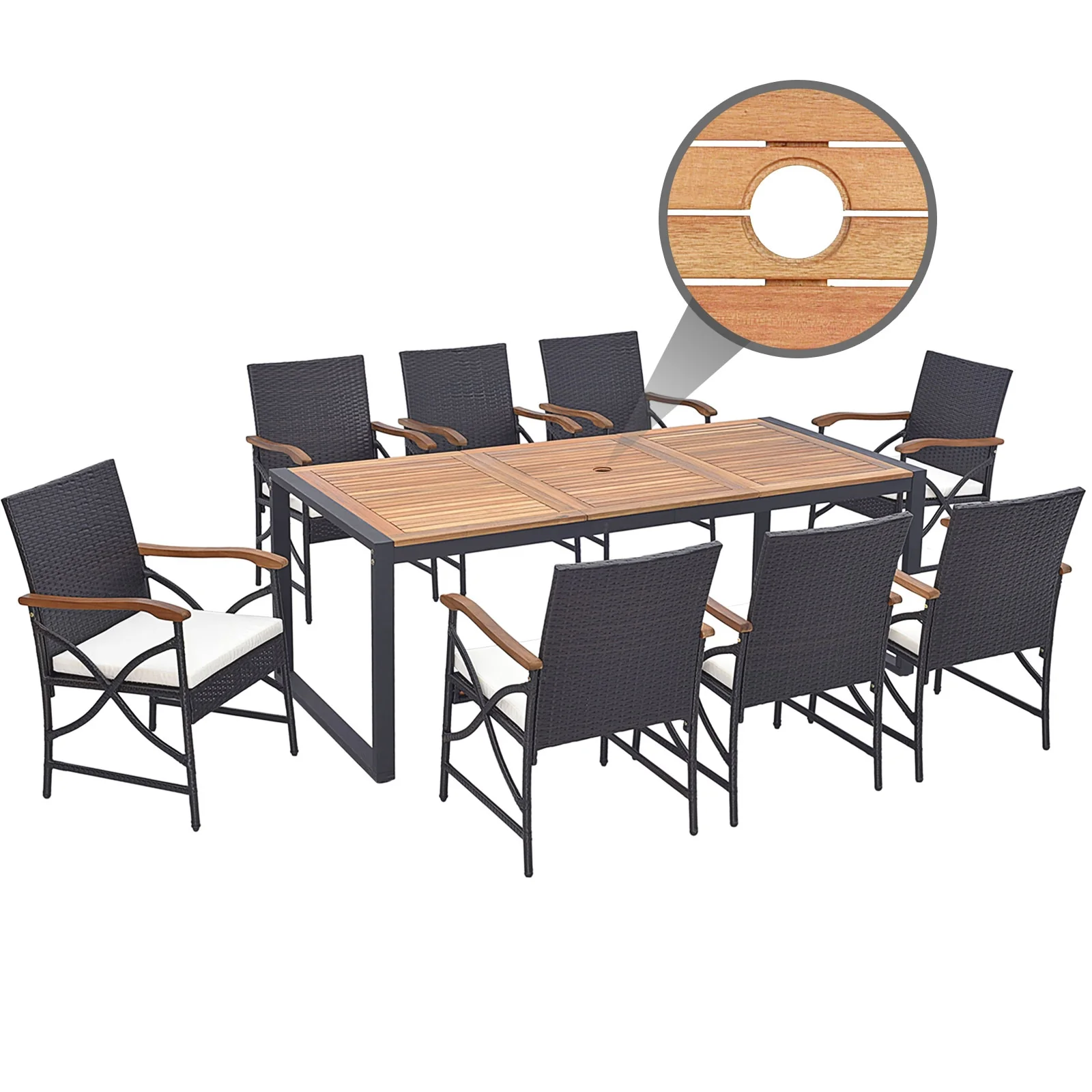 9 Pieces Patio Rattan Dining Set with Acacia Wood Table for Backyard Garden-X-side Handrail, Brown - Image 9