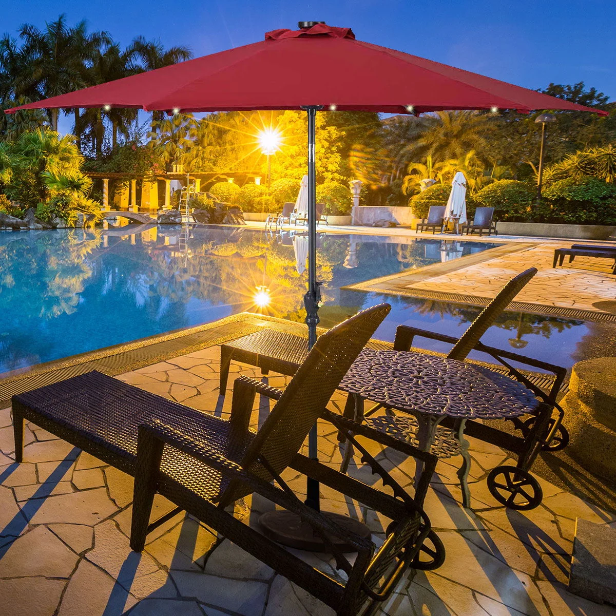 9' Solar LED Patio Market Umbrella, Tilt Crank Lift, Dark Red - Image 2