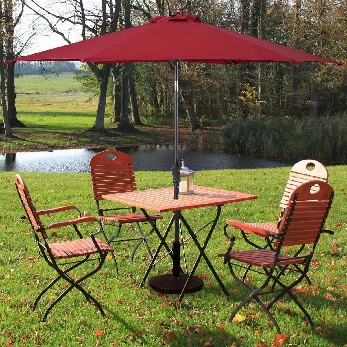 9' Solar LED Patio Market Umbrella, Tilt Crank Lift, Dark Red - Image 3