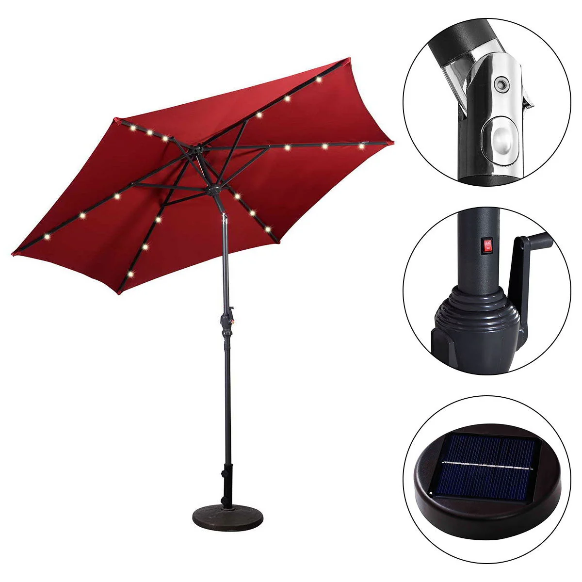 9' Solar LED Patio Market Umbrella, Tilt Crank Lift, Dark Red - Image 8