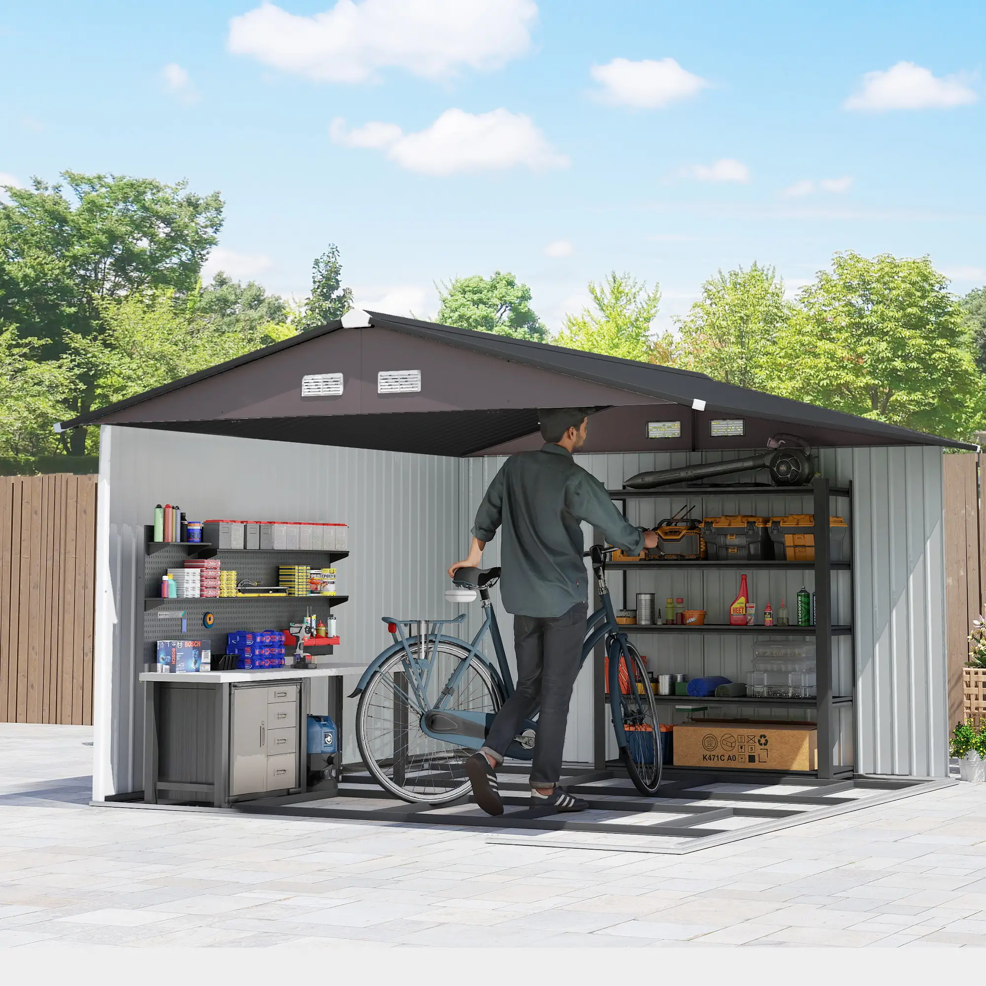 9' x 10.6' Garden Storage Shed, Foundation Kit, Metal Tool House, Double Doors, Brown - Image 10