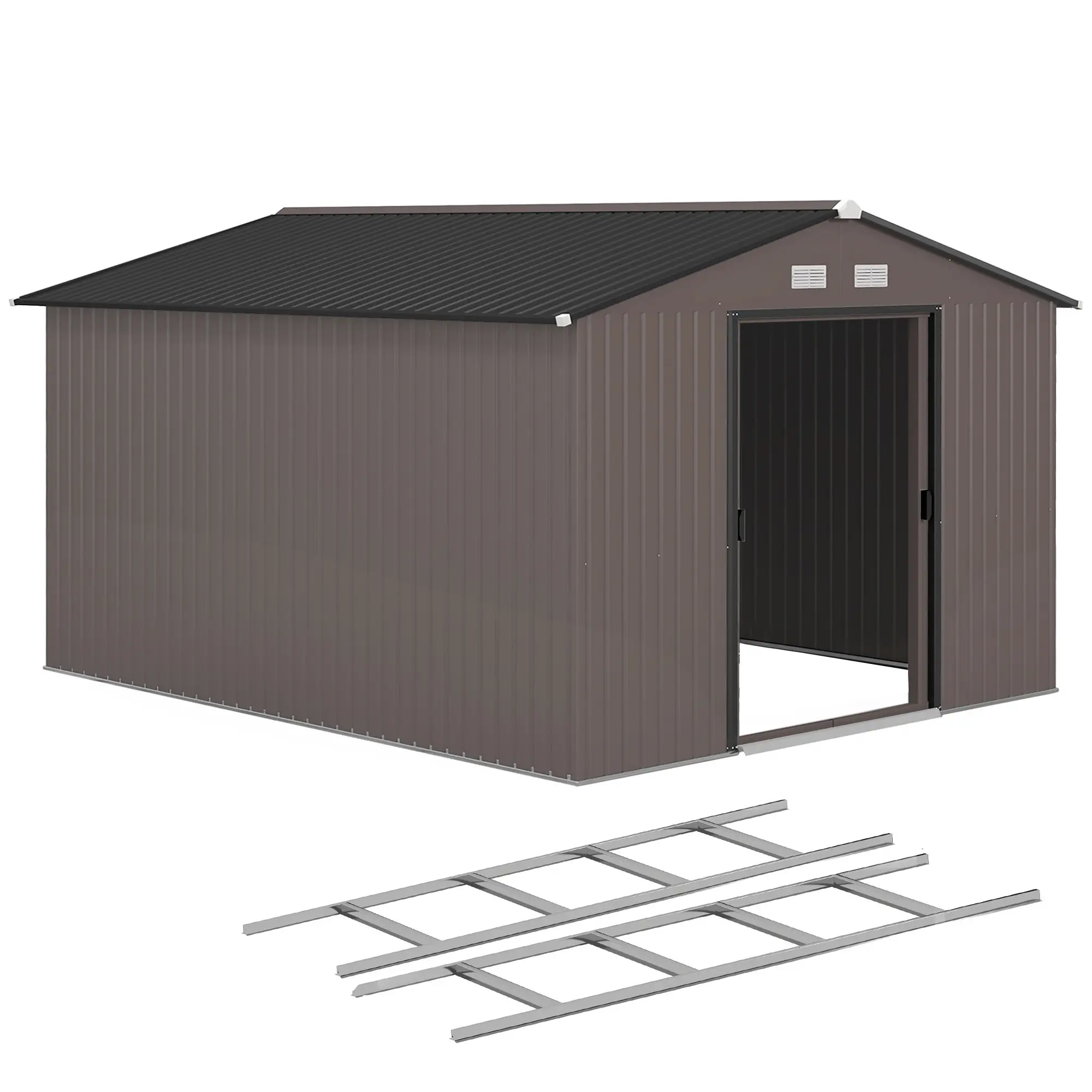 9' x 10.6' Garden Storage Shed, Foundation Kit, Metal Tool House, Double Doors, Brown - Image 11