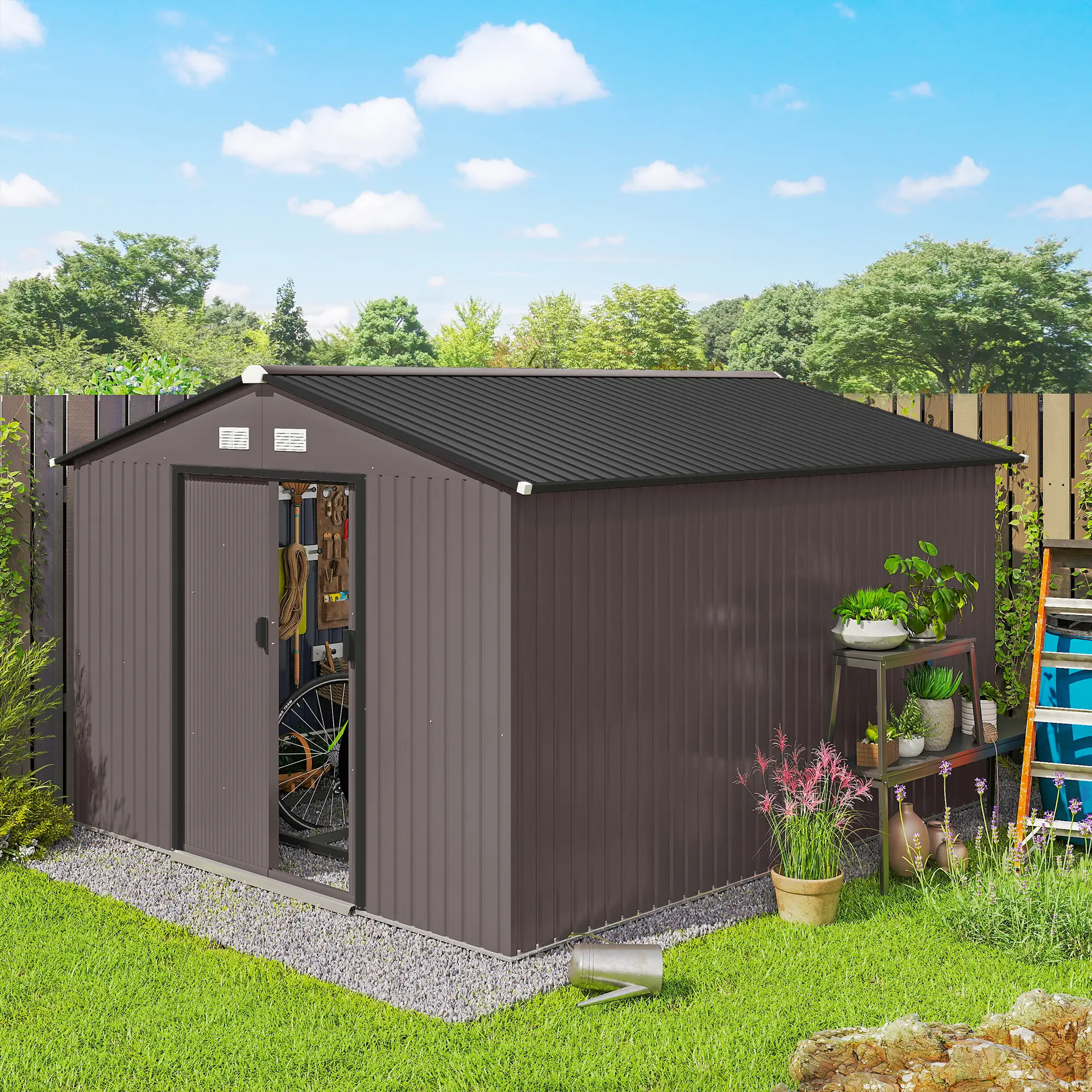 9' x 10.6' Garden Storage Shed, Foundation Kit, Metal Tool House, Double Doors, Brown - Image 2