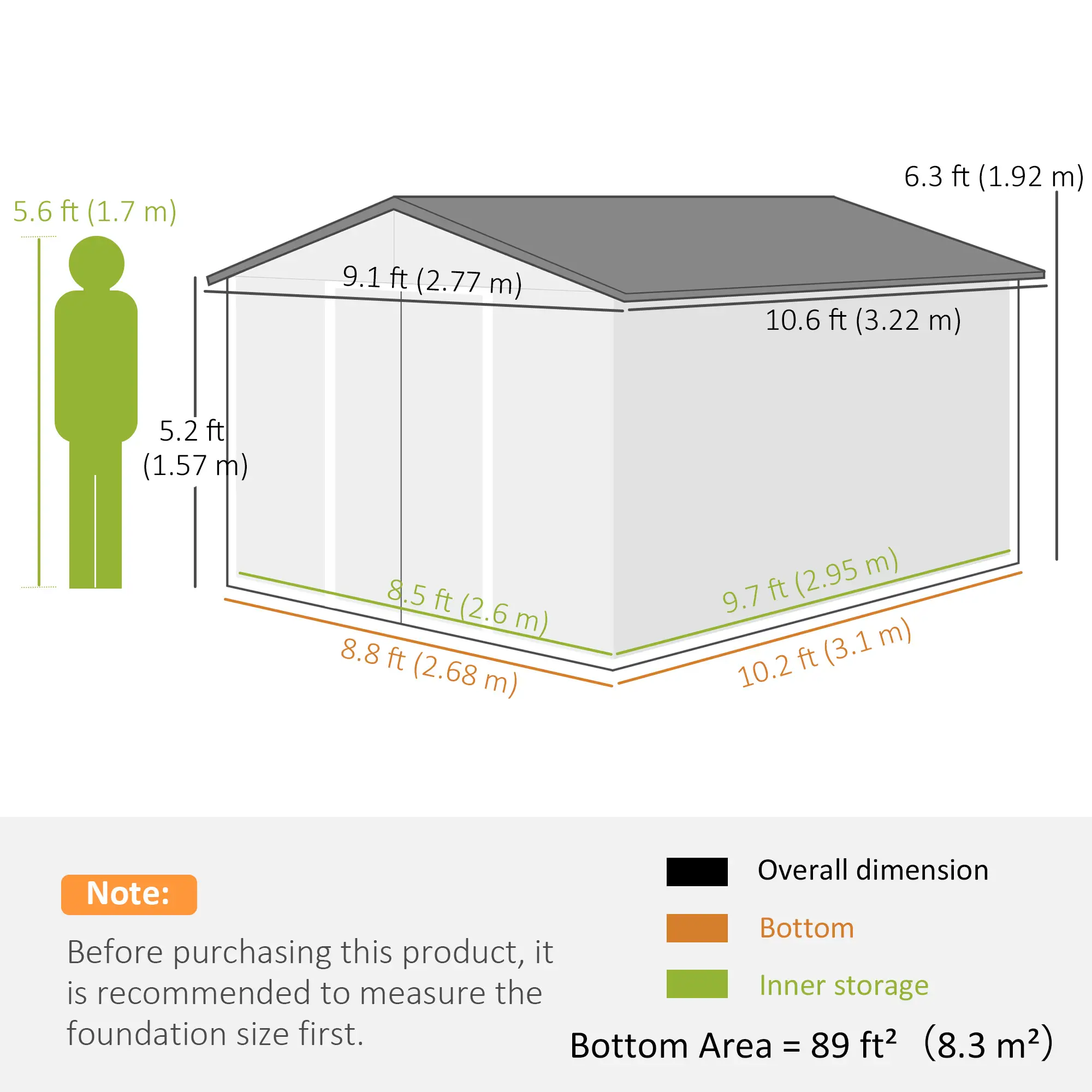 9' x 10.6' Garden Storage Shed, Foundation Kit, Metal Tool House, Double Doors, Brown - Image 3